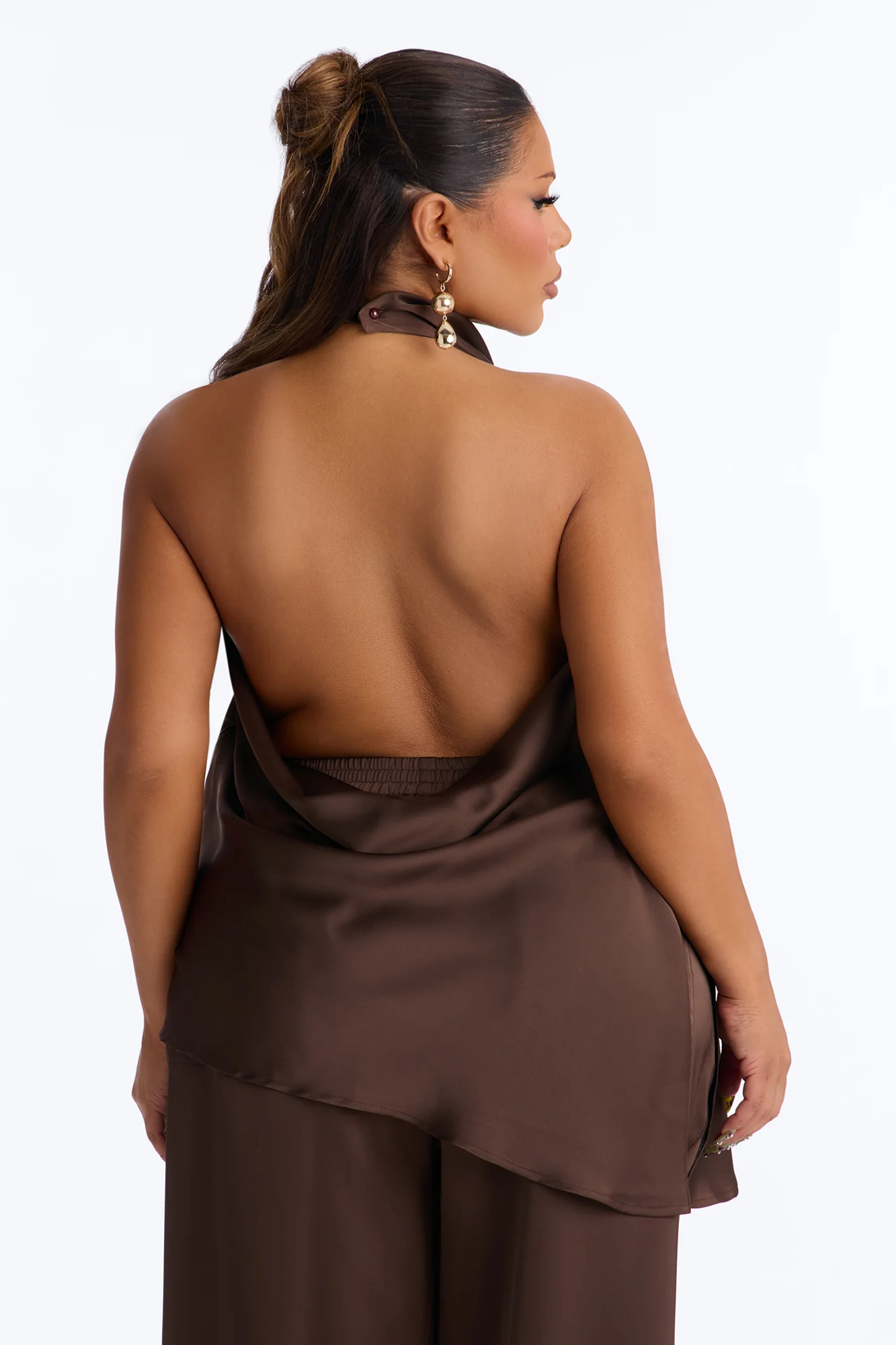Teagan High Neck Satin Halter Top - Chocolate - Image 6