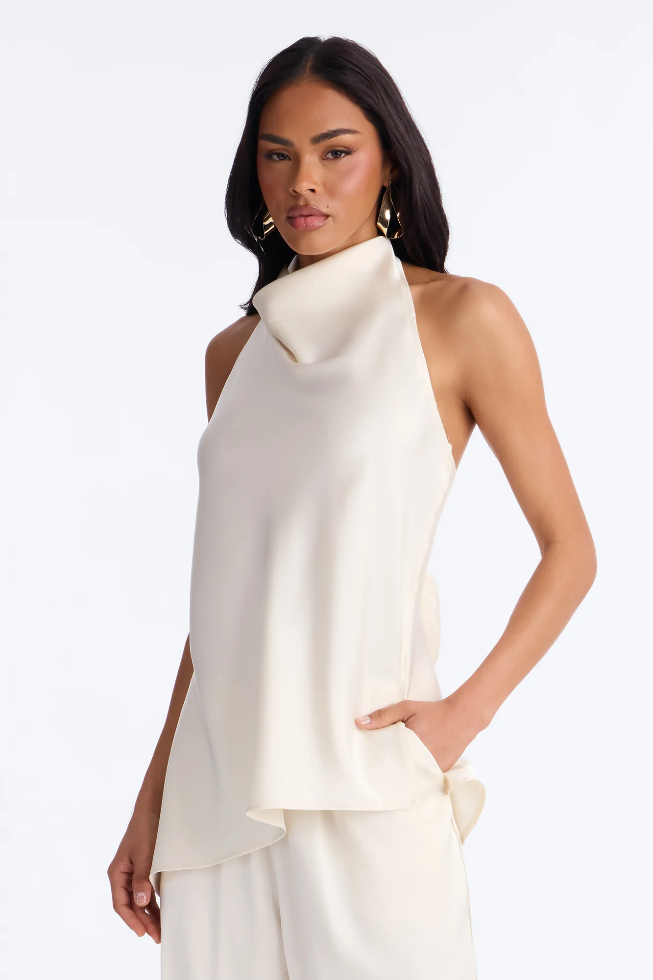 Teagan High Neck Satin Halter Top - Ivory