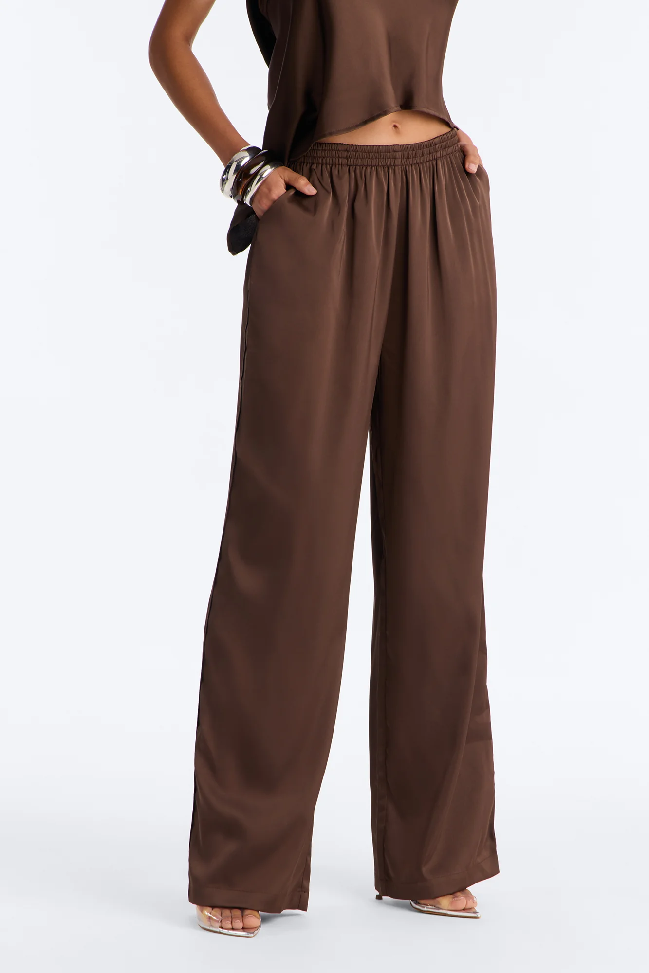 Teagan Low Rise Satin Wide Leg Pant 33″ - Chocolate - Image 2