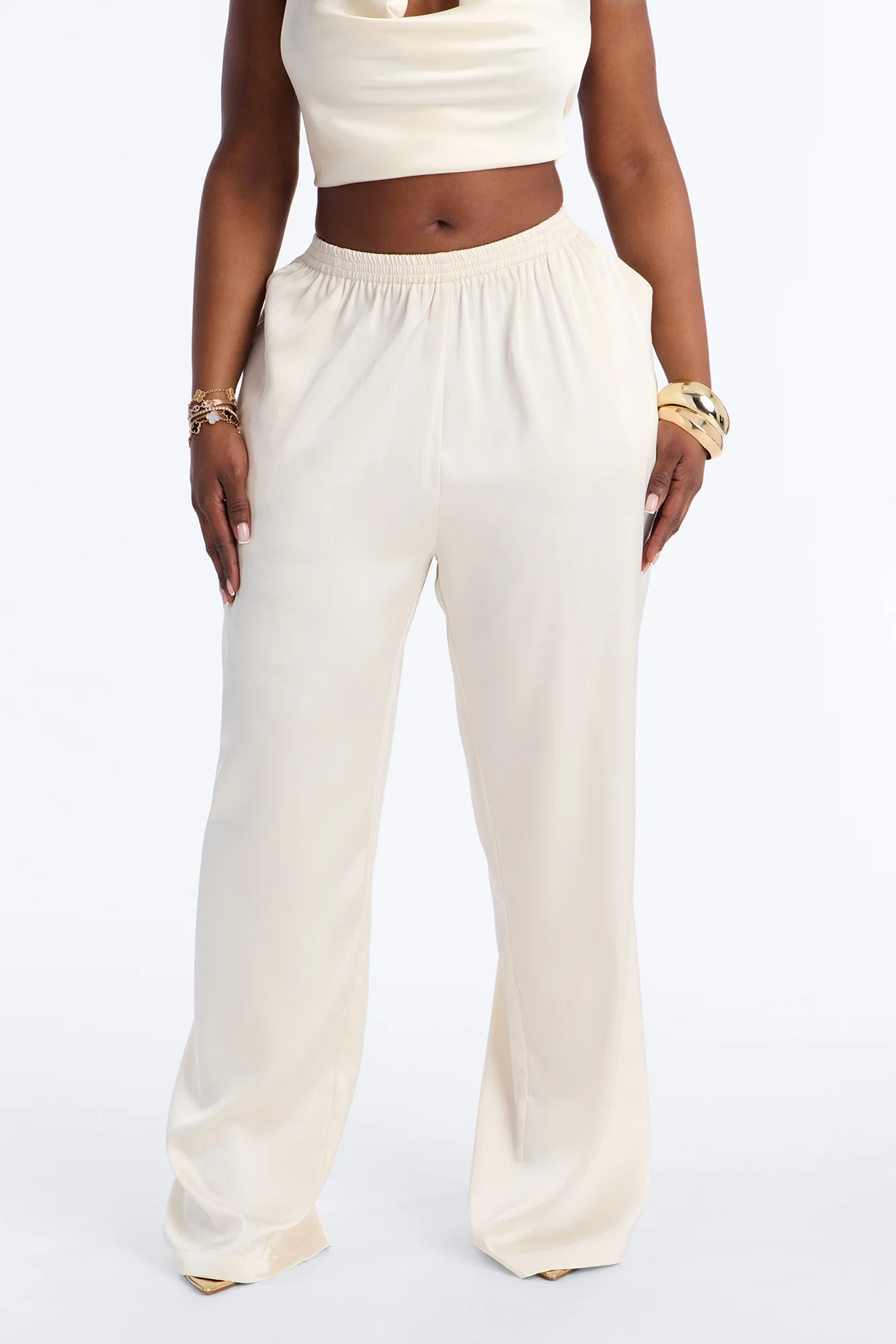Teagan Low Rise Satin Wide Leg Pant 33″ - Ivory - Image 7
