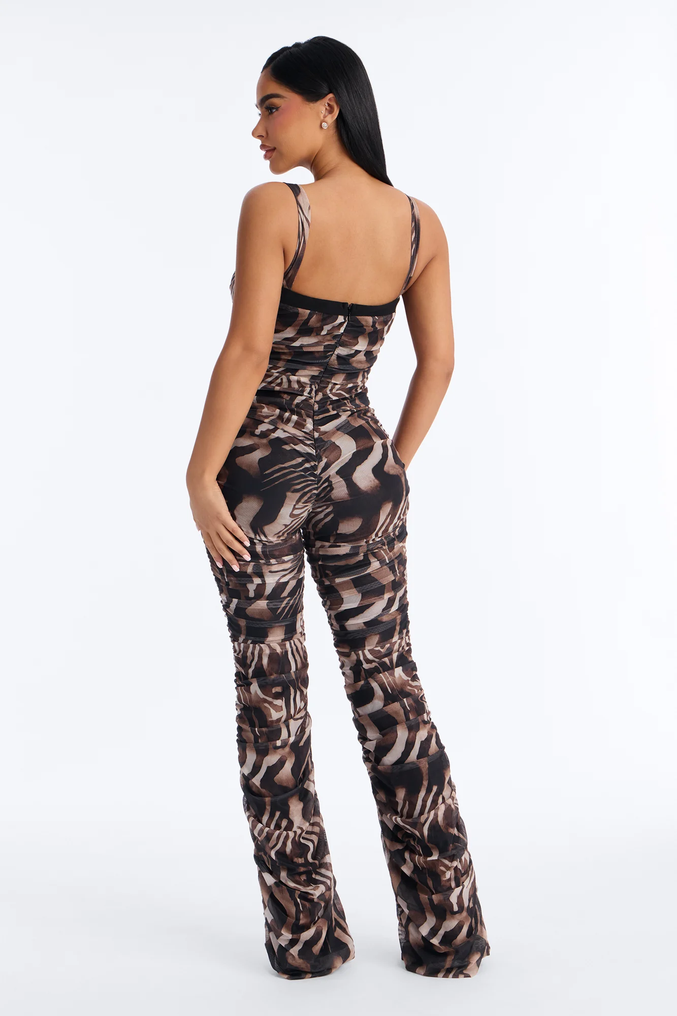 Tempted Tonight Abstract Mesh Jumpsuit - Brown - Image 3