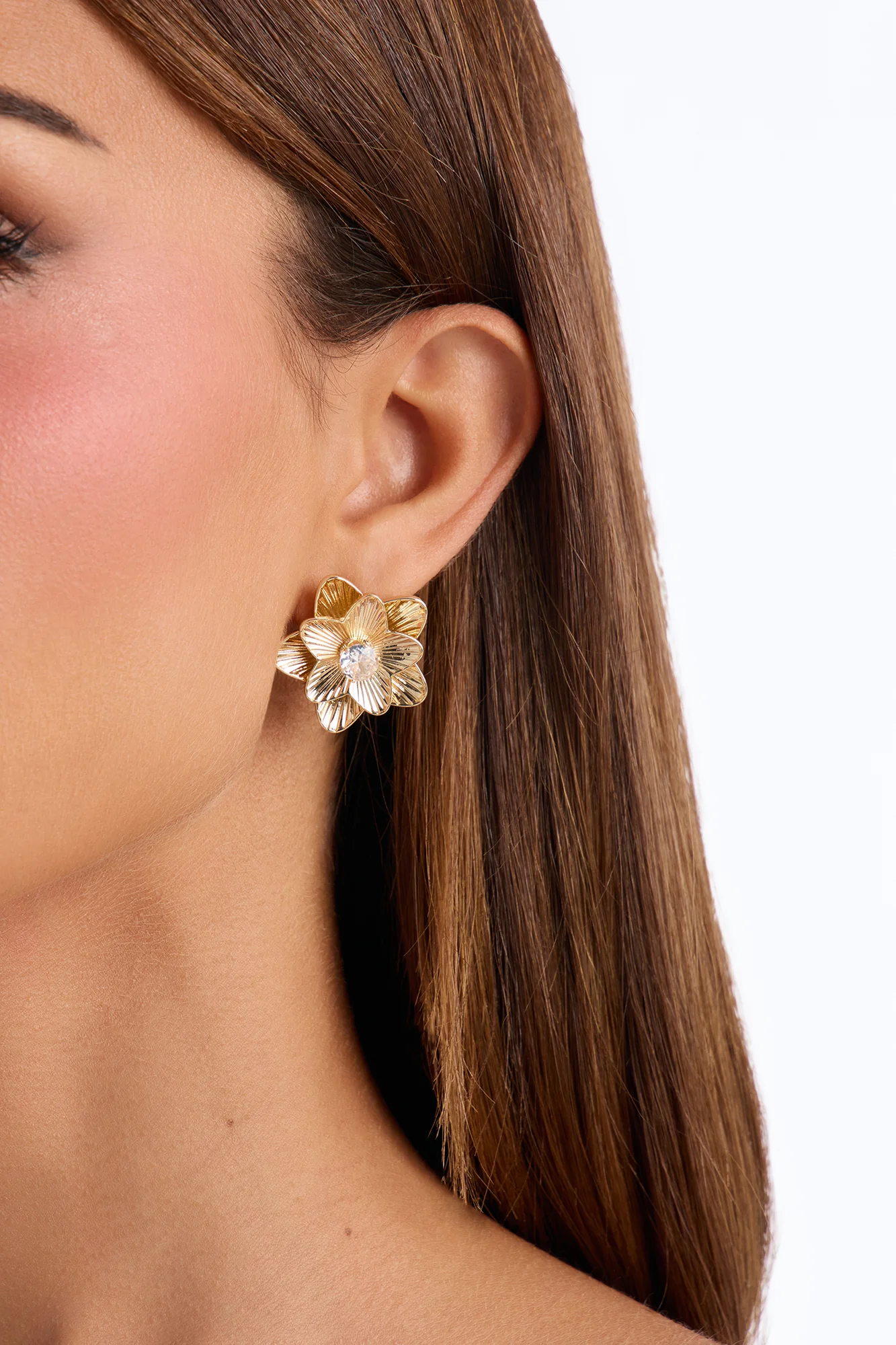 Teresa Floral Rhinestone Stud Earrings - Gold/Clear