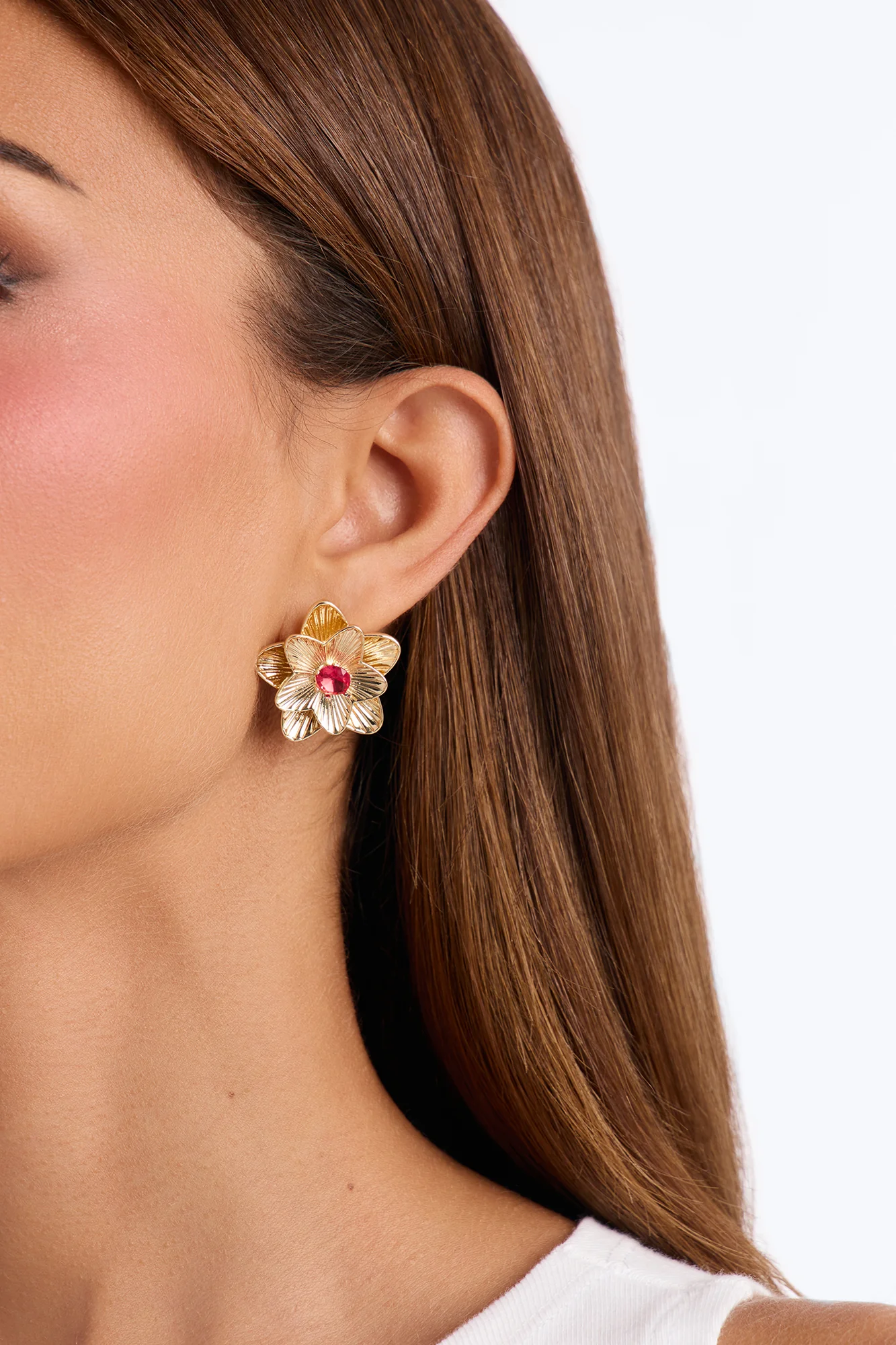 Teresa Floral Rhinestone Stud Earrings - Gold/Pink