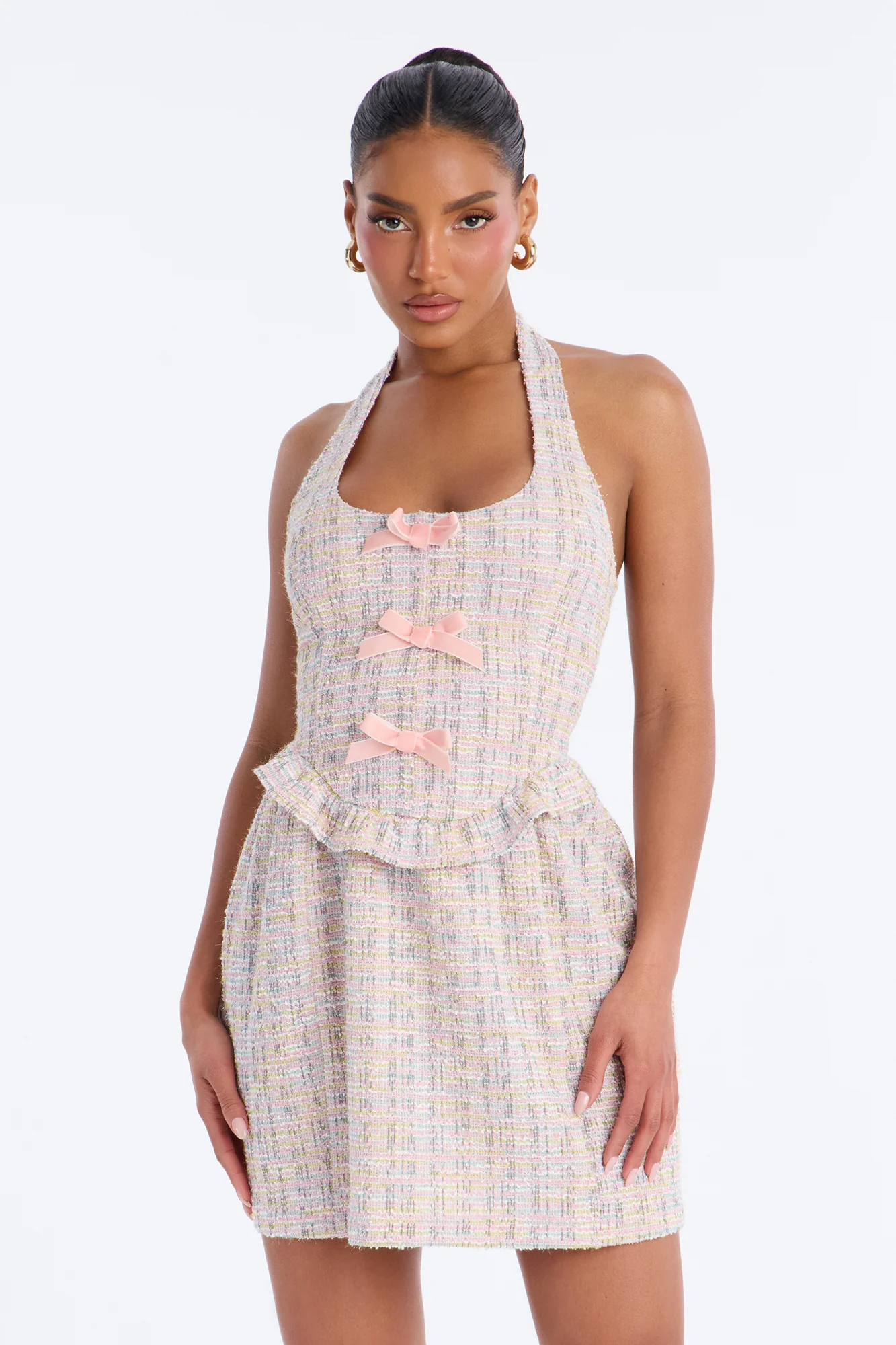 Tessa Bow Tweed Mini Dress - Pink/combo