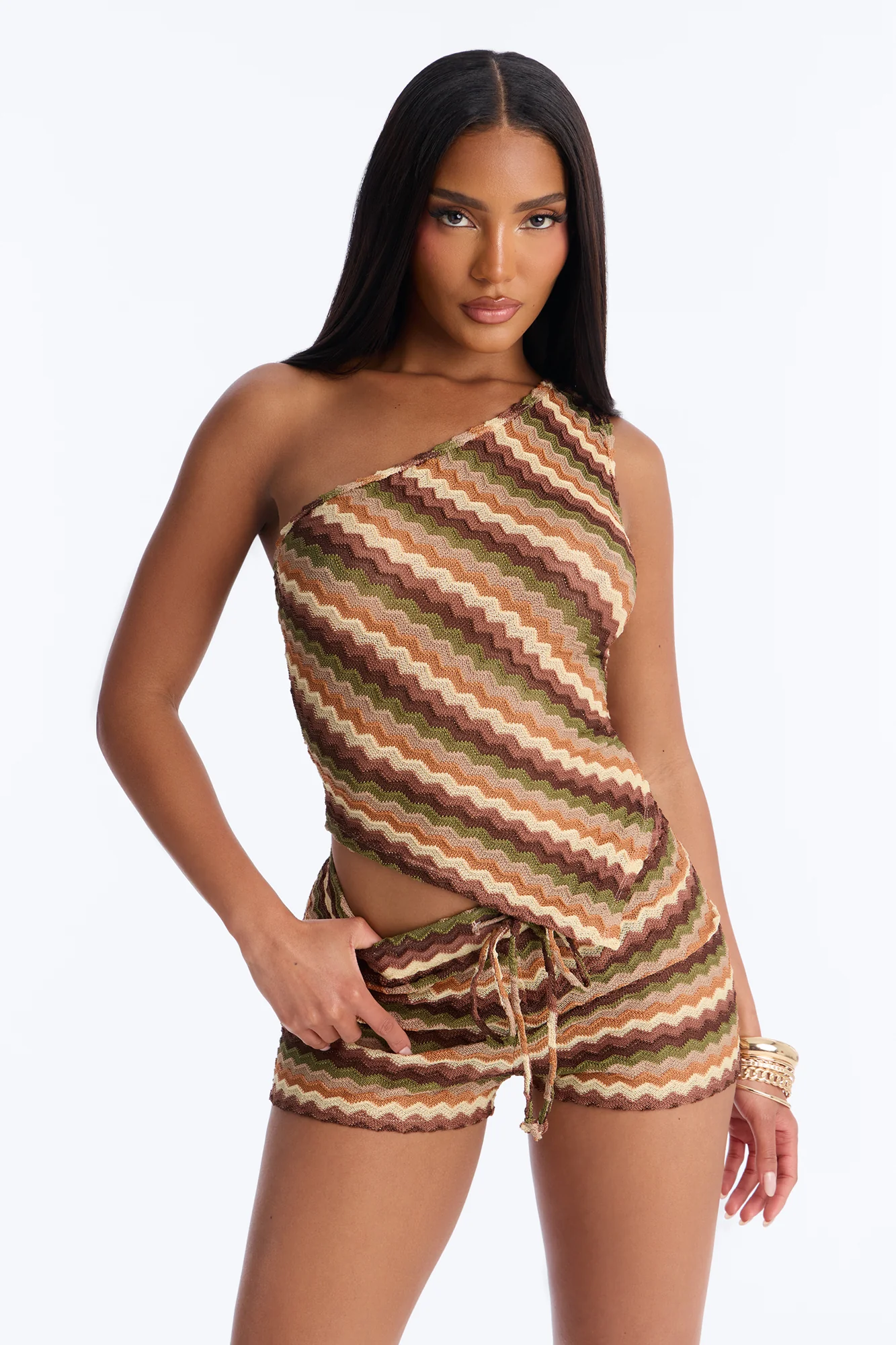 Tessa Crochet One Shoulder Short Set - Brown/combo - Image 2