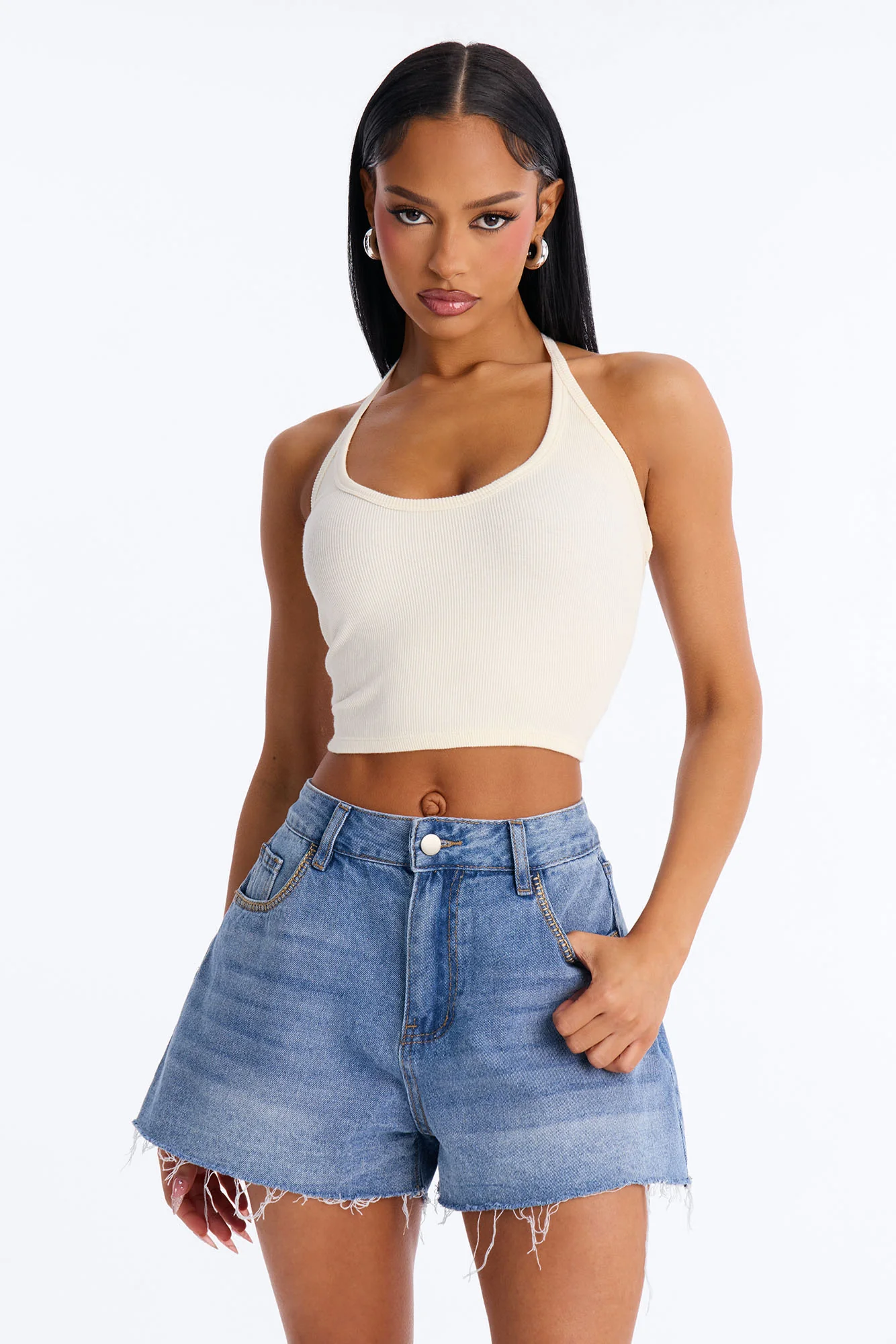Tessa Rib Scoop Neck Cami Tank Top - Cream