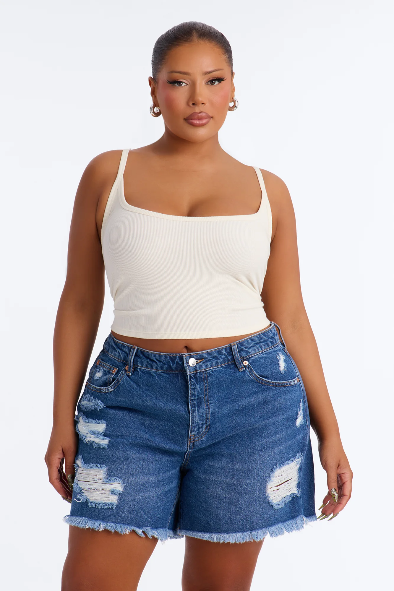 Tessa Rib Scoop Neck Cami Tank Top - Cream - Image 5