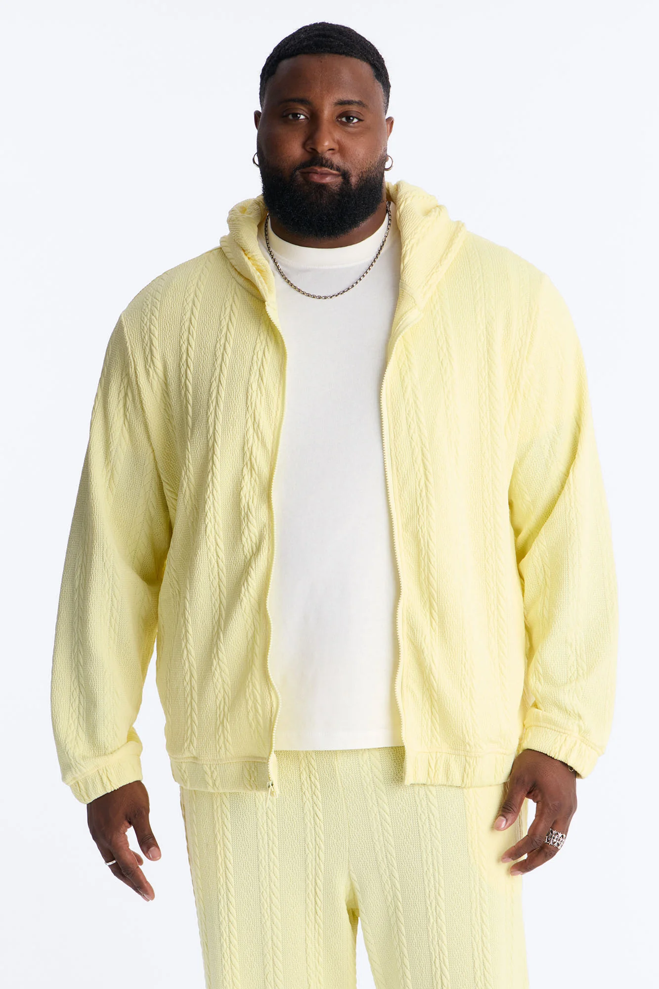 Textured Cozy Braided Hooded Jacket - Butter Yellow - Image 5