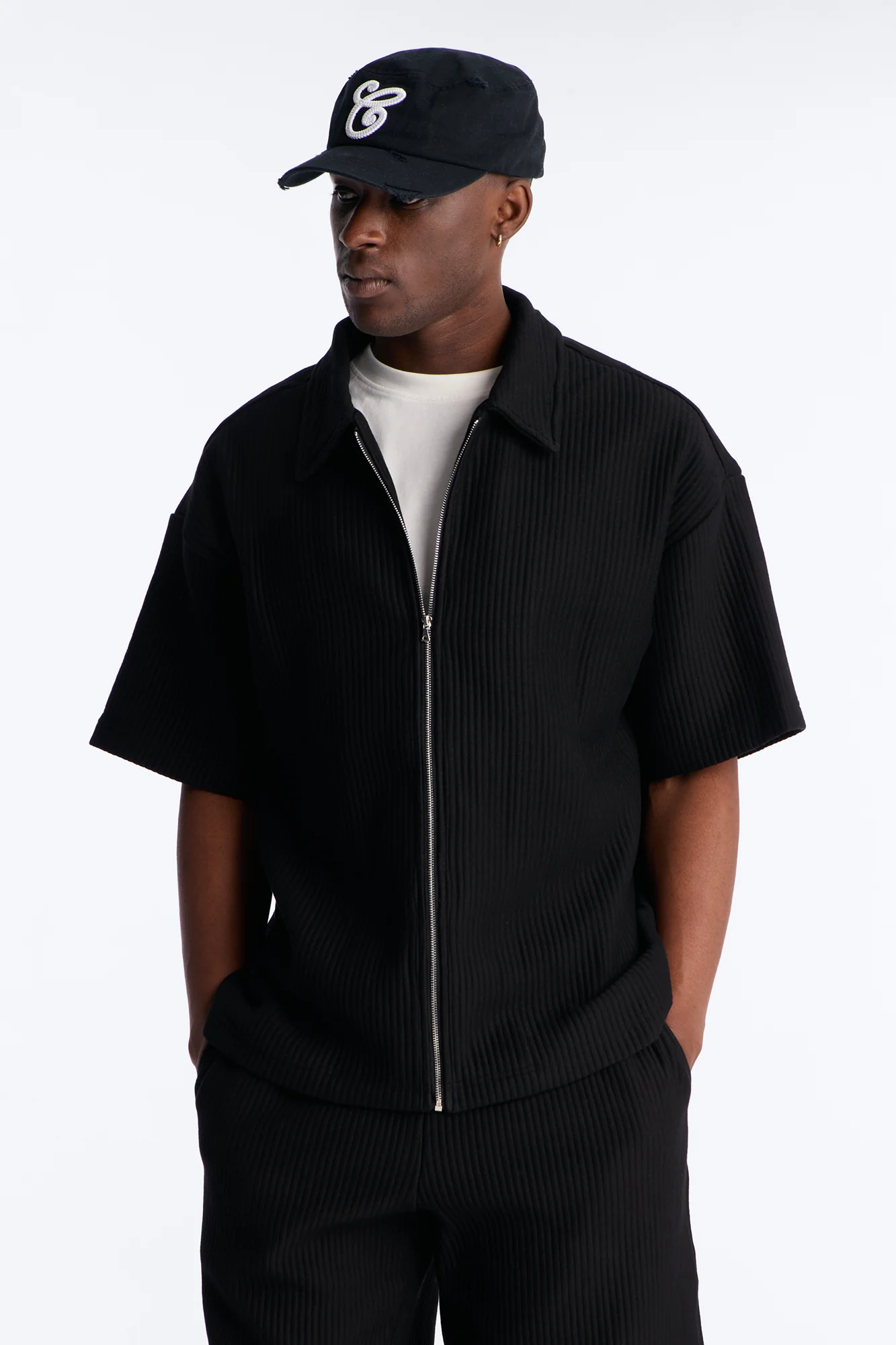 Textured Oversized Fleece Zip Up Shirt - Black