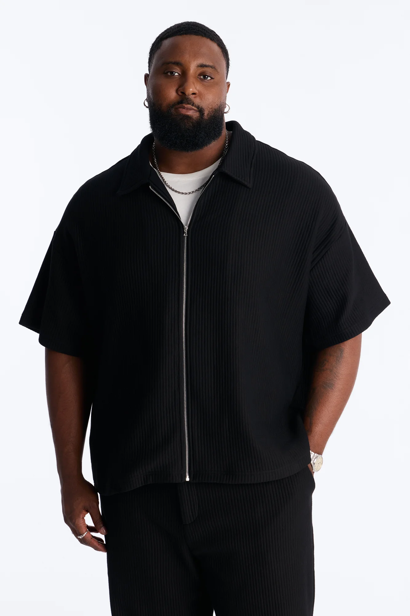 Textured Oversized Fleece Zip Up Shirt - Black - Image 4
