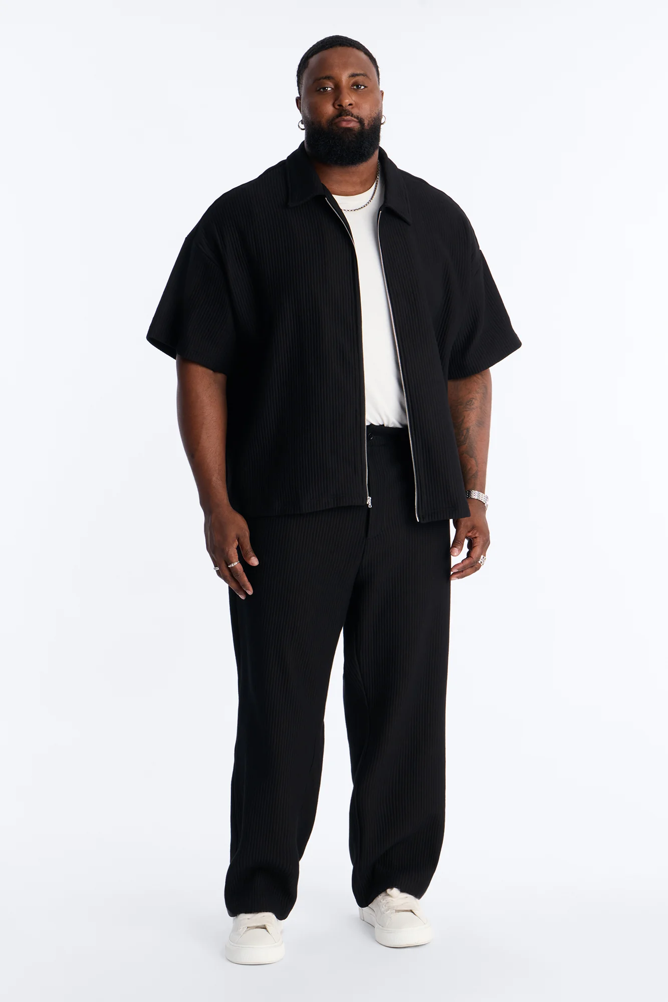 Textured Oversized Fleece Zip Up Shirt - Black - Image 5