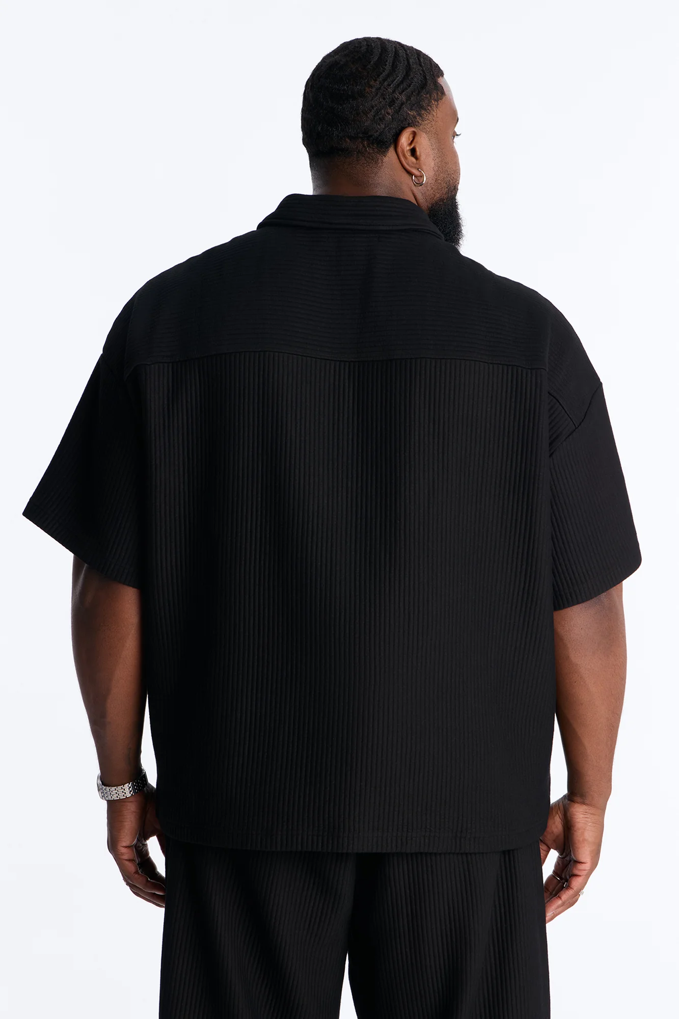 Textured Oversized Fleece Zip Up Shirt - Black - Image 7