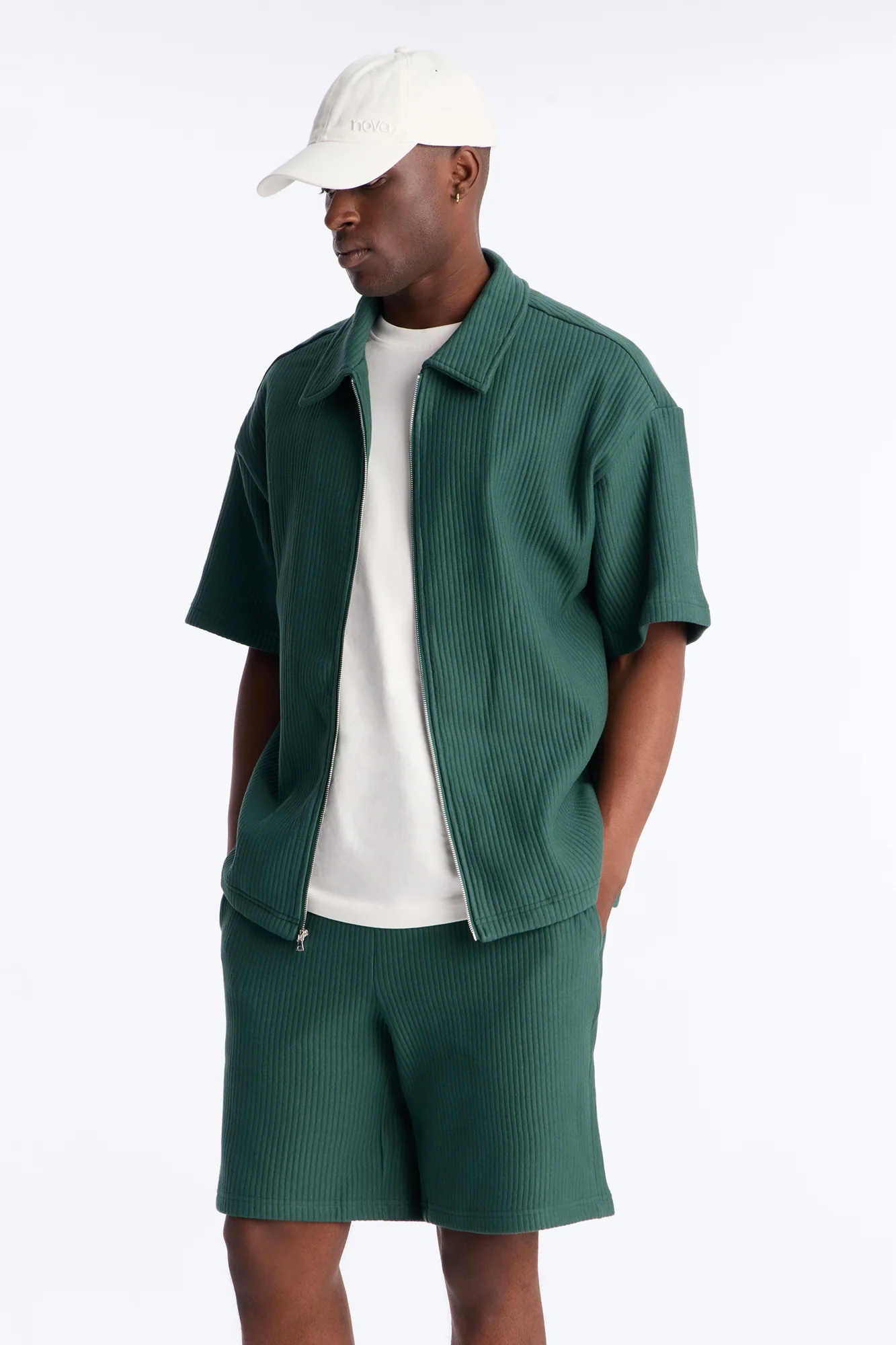 Textured Oversized Fleece Zip Up Shirt - Hunter Green