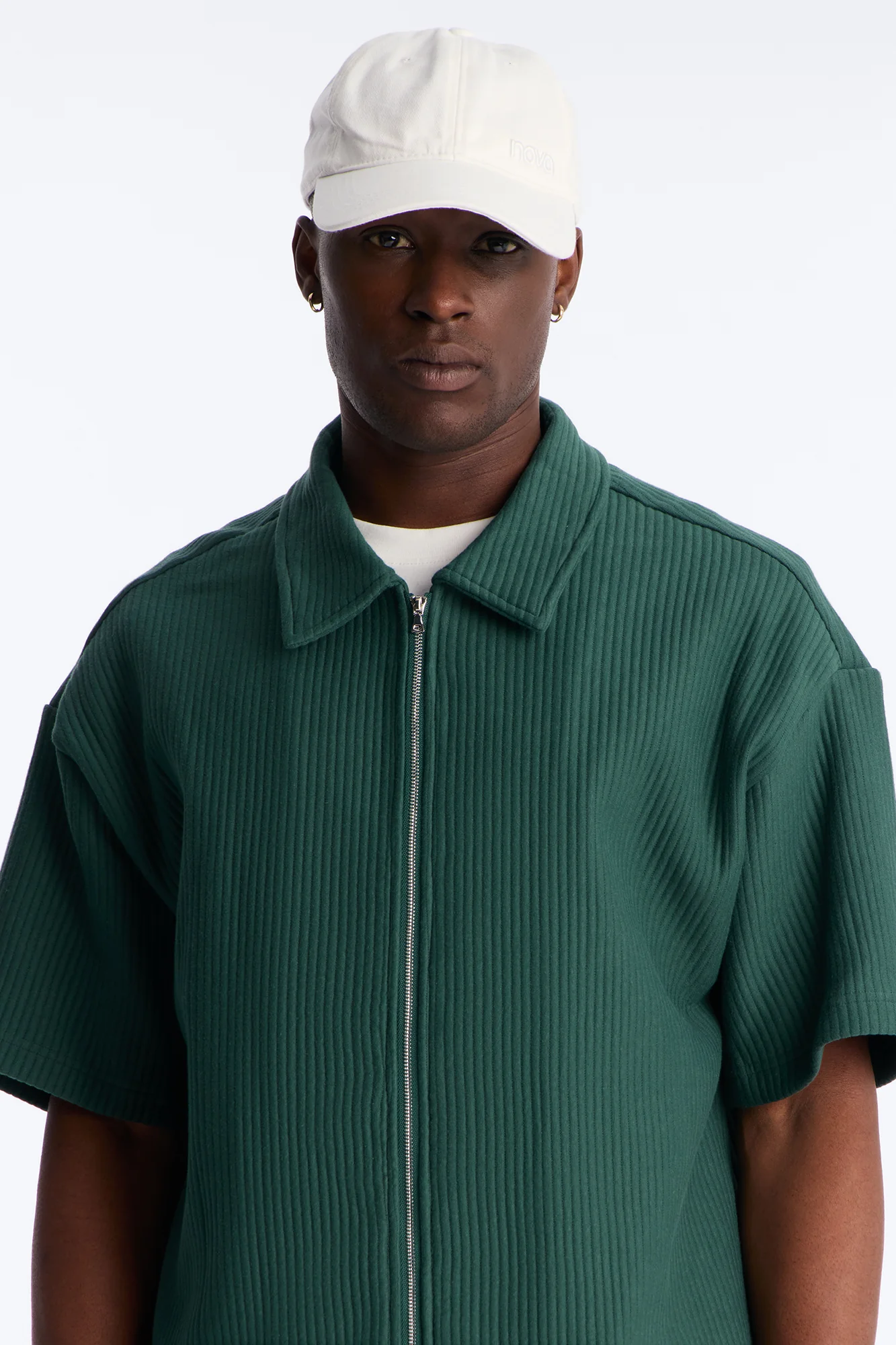 Textured Oversized Fleece Zip Up Shirt - Hunter Green - Image 3