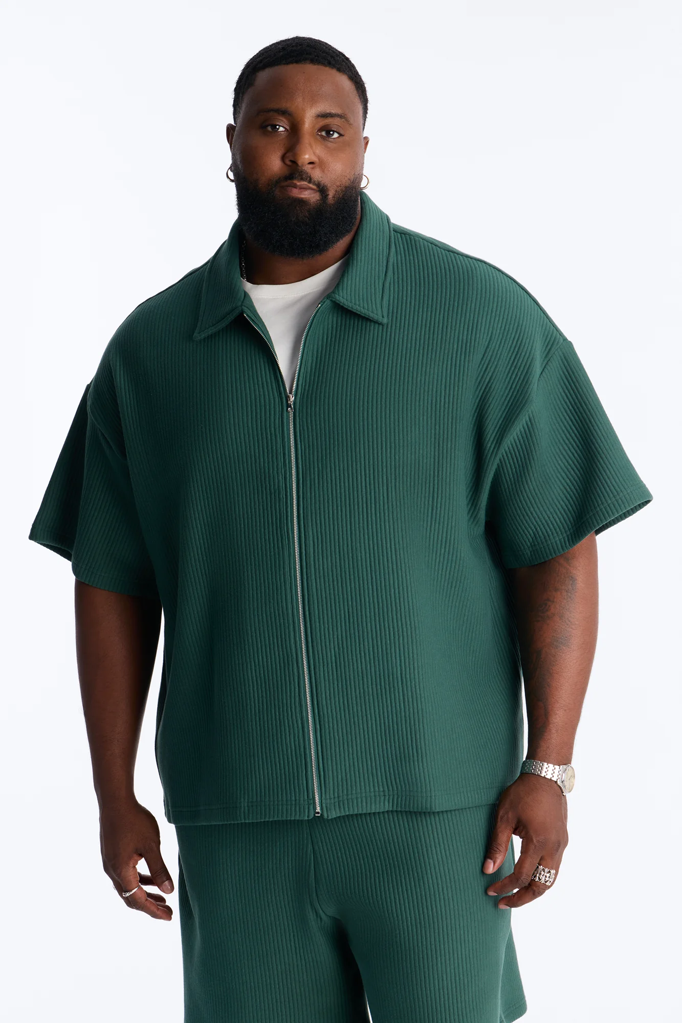 Textured Oversized Fleece Zip Up Shirt - Hunter Green - Image 5