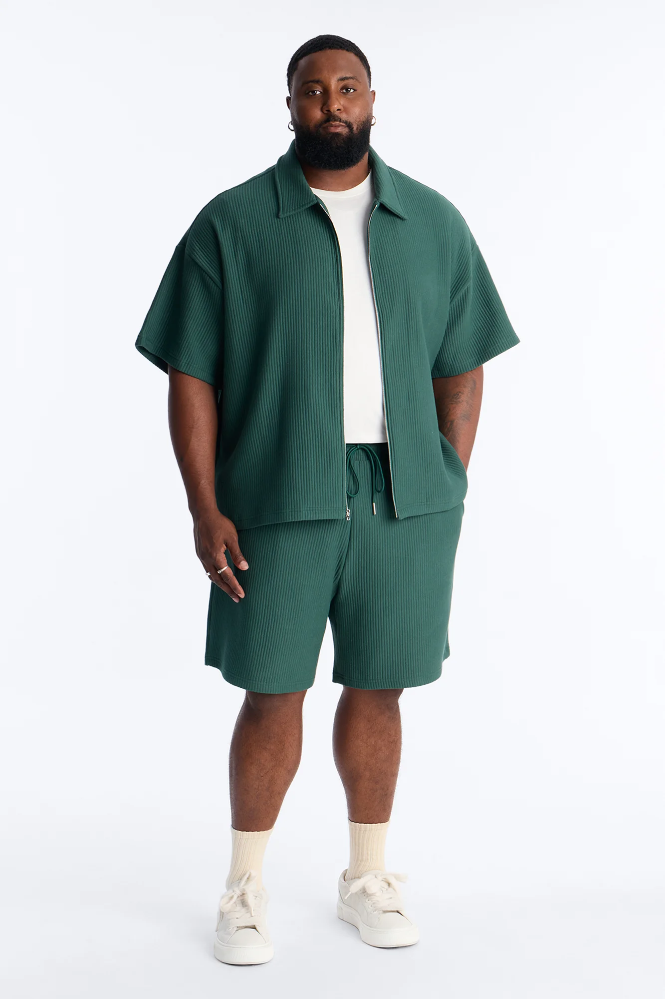 Textured Oversized Fleece Zip Up Shirt - Hunter Green - Image 6