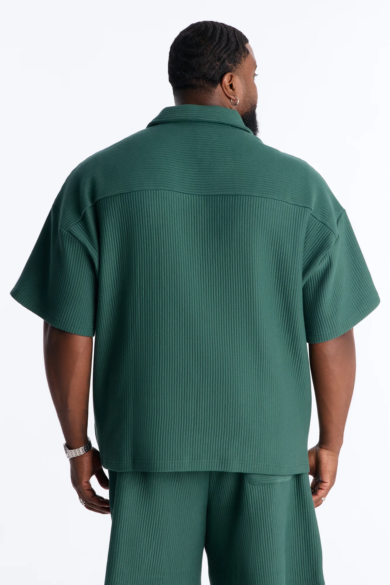 Textured Oversized Fleece Zip Up Shirt - Hunter Green - Image 8