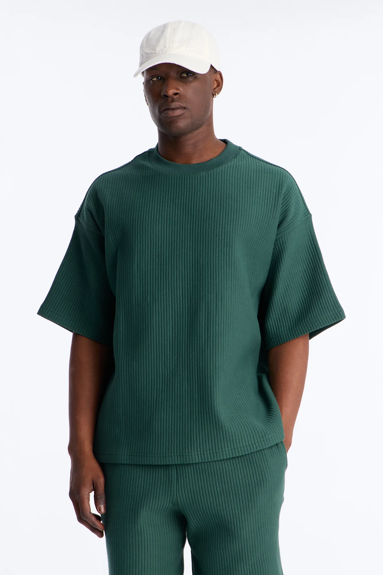 Textured Oversized Short Sleeve Fleece Tee - Hunter Green