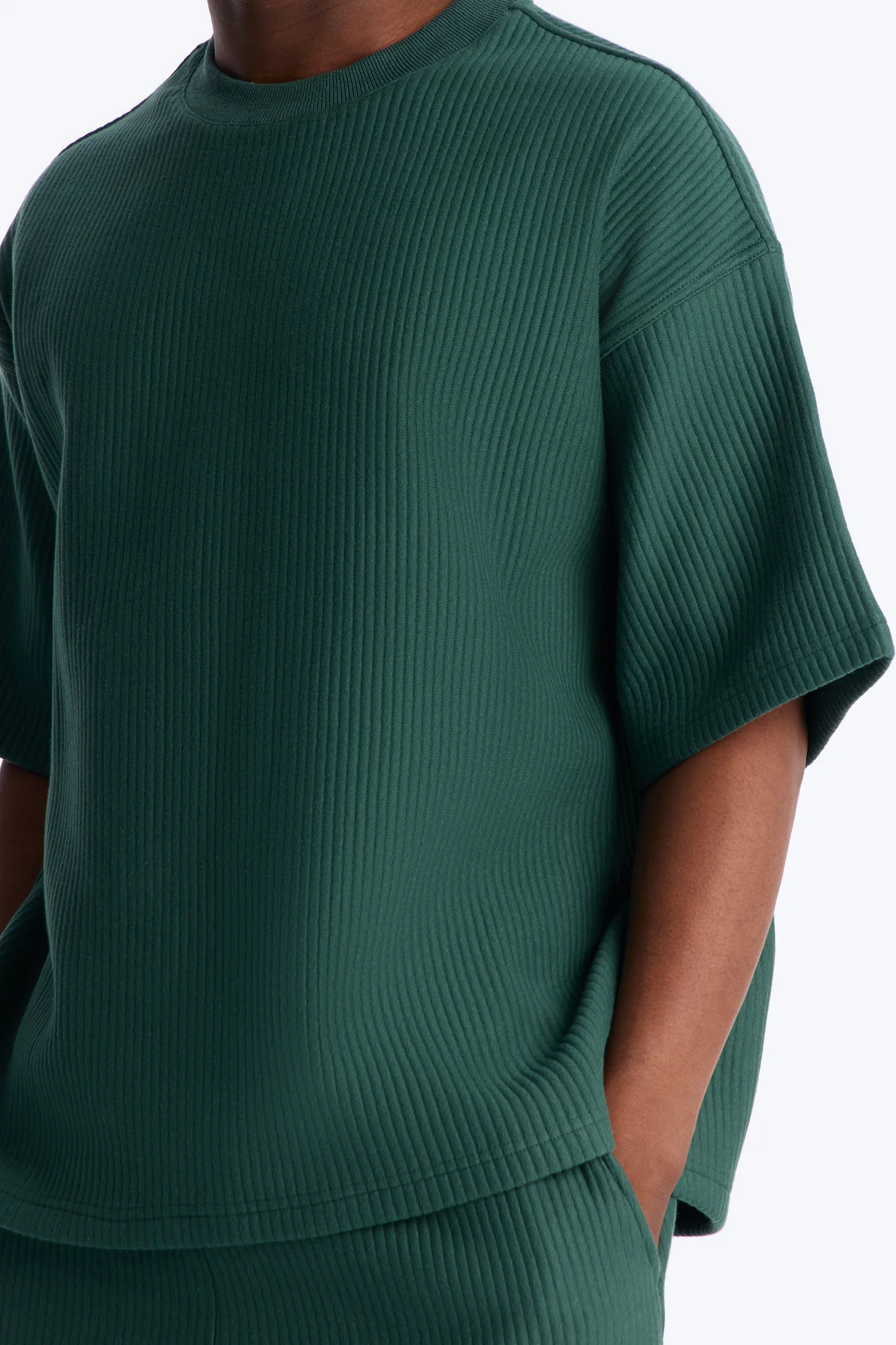 Textured Oversized Short Sleeve Fleece Tee - Hunter Green - Image 3