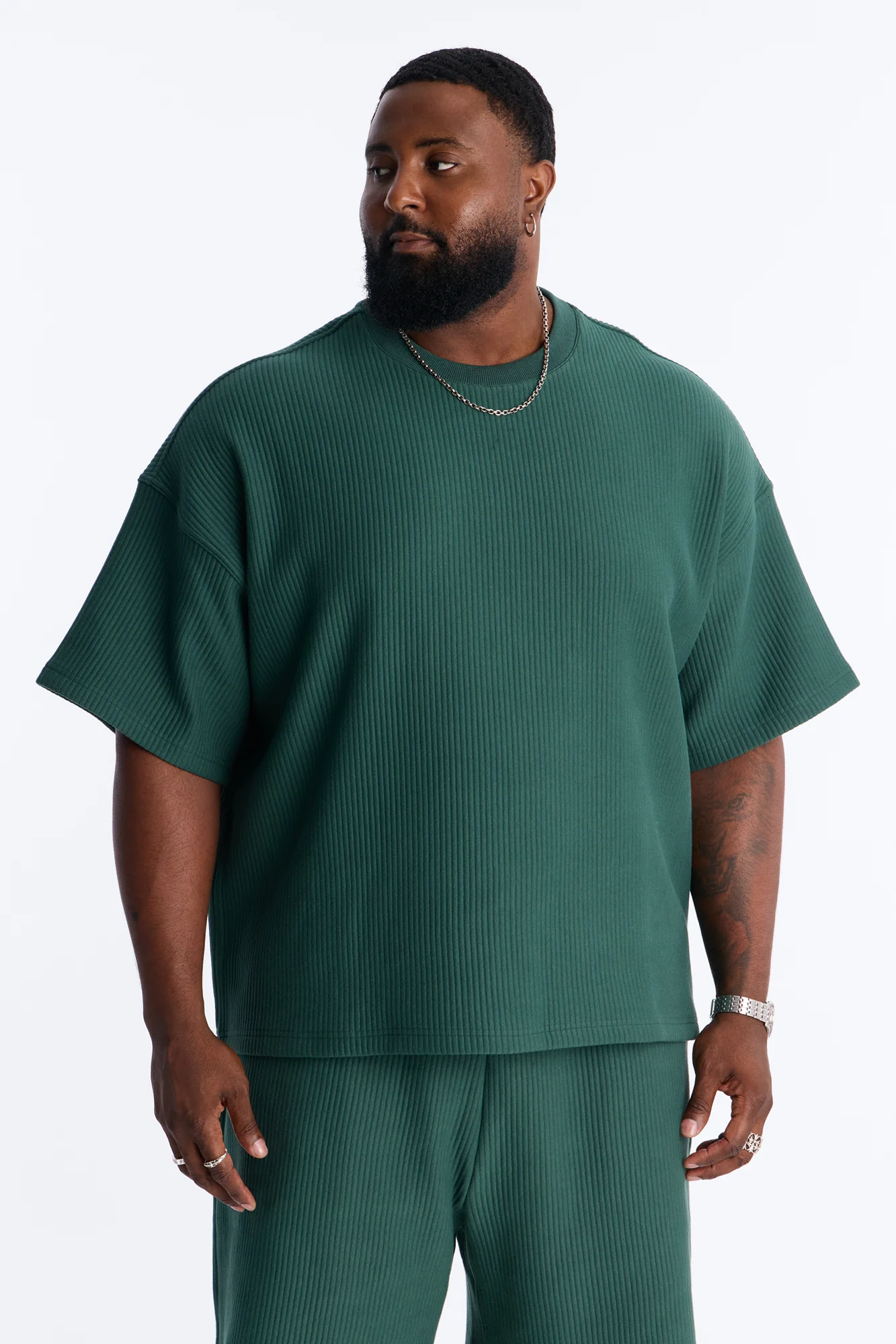 Textured Oversized Short Sleeve Fleece Tee - Hunter Green - Image 5