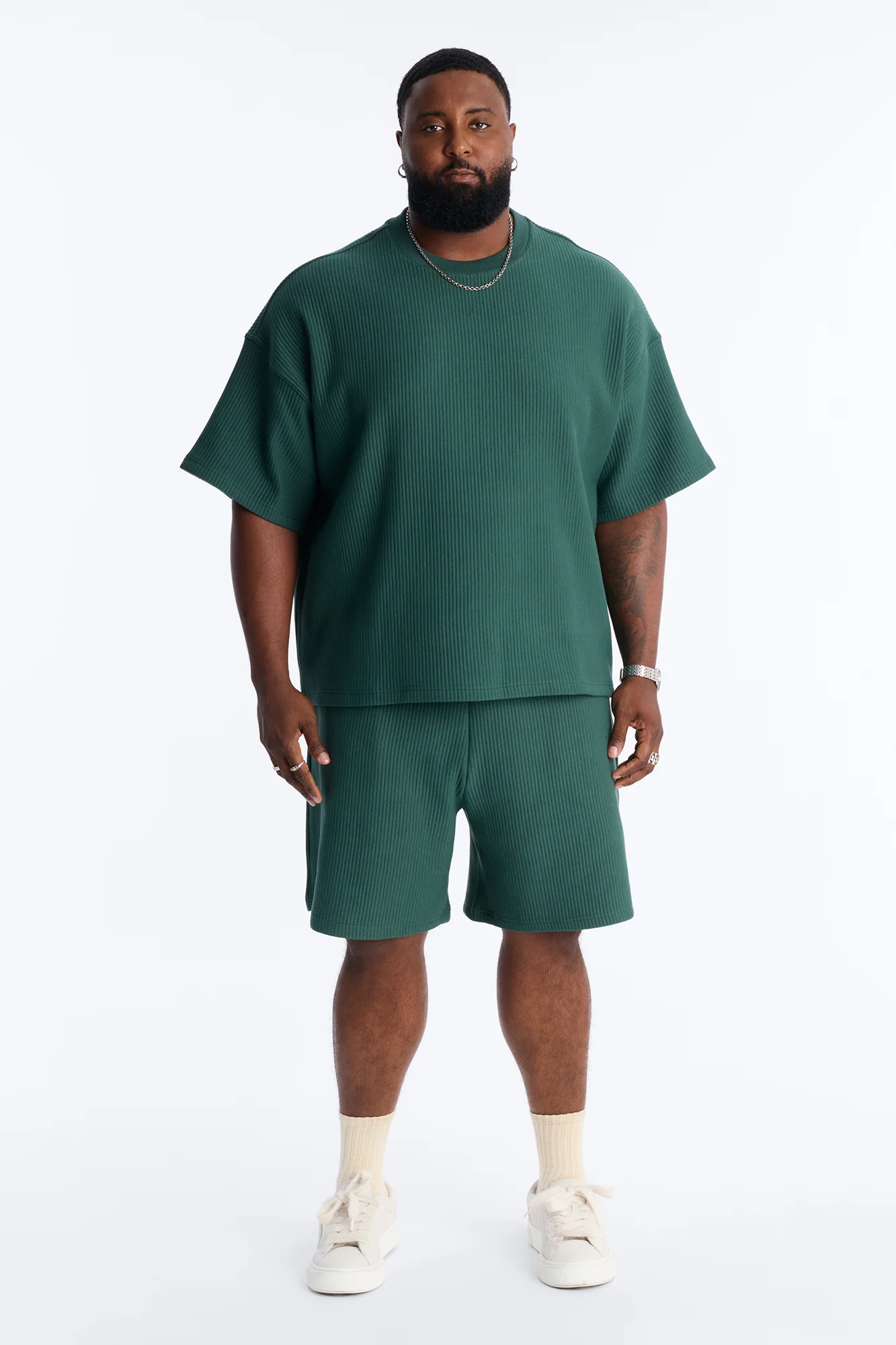 Textured Oversized Short Sleeve Fleece Tee - Hunter Green - Image 6