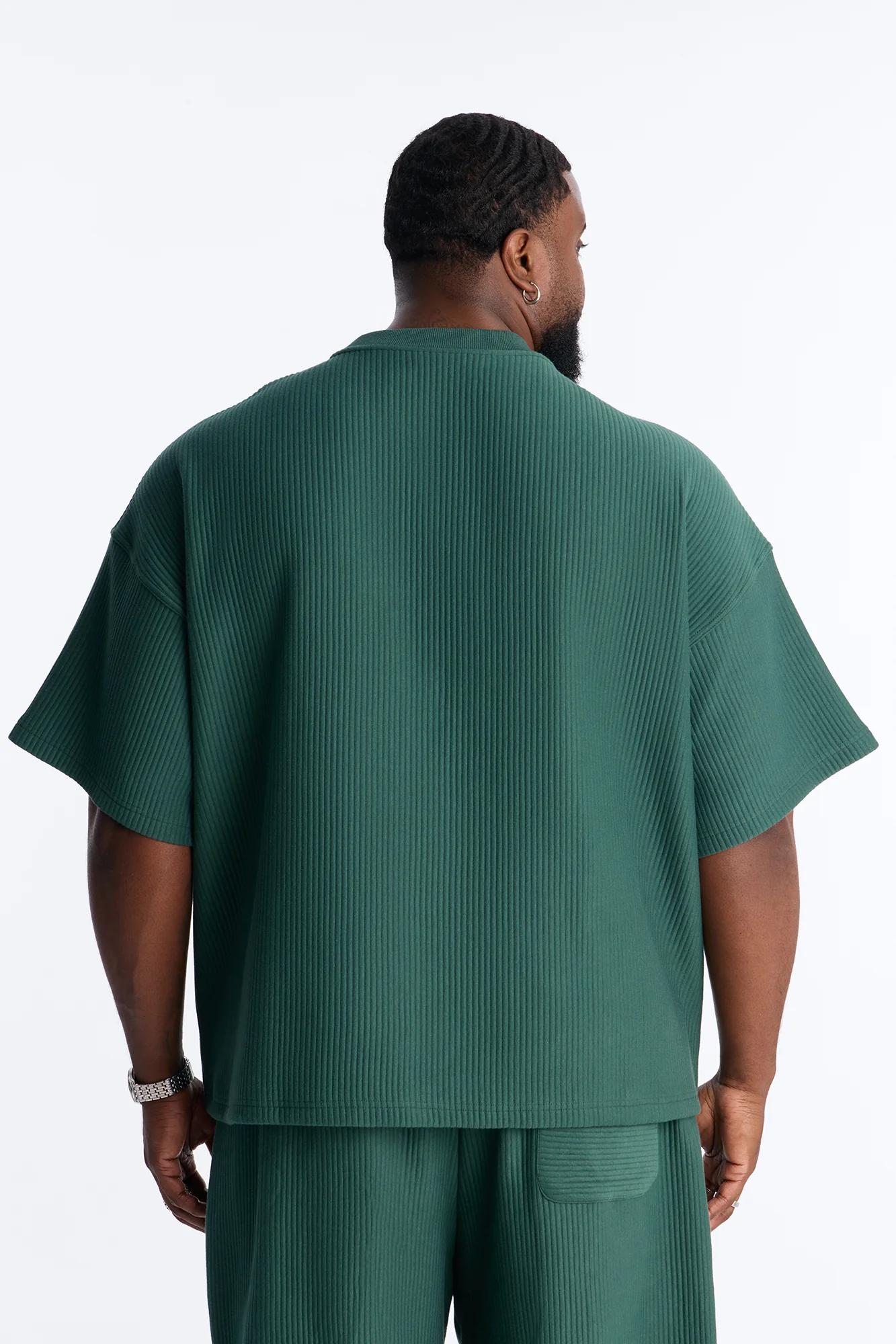 Textured Oversized Short Sleeve Fleece Tee - Hunter Green - Image 7