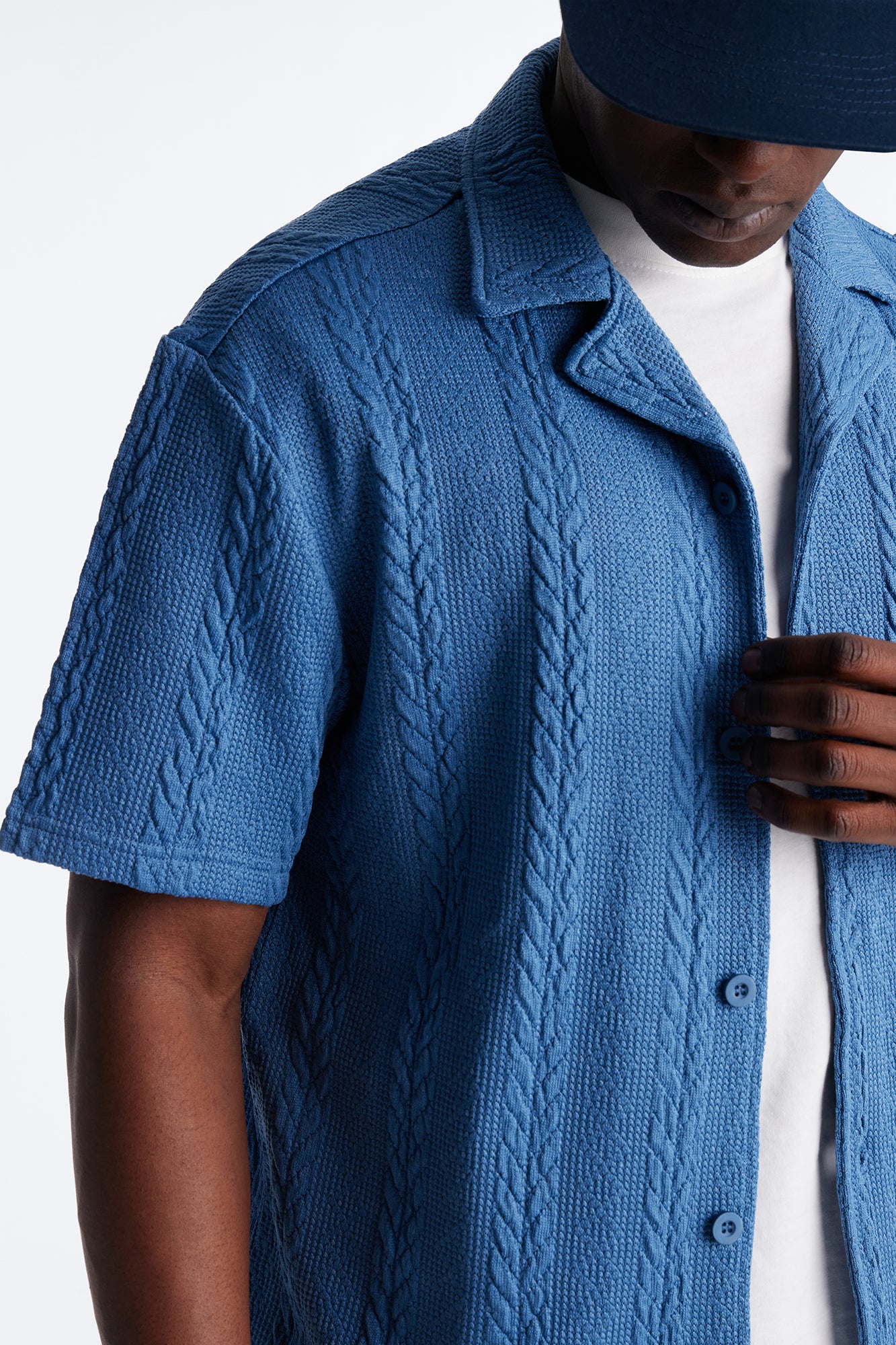 Textured Stripes Cuban Short Sleeve Button Up Shirt - Blue - Image 3