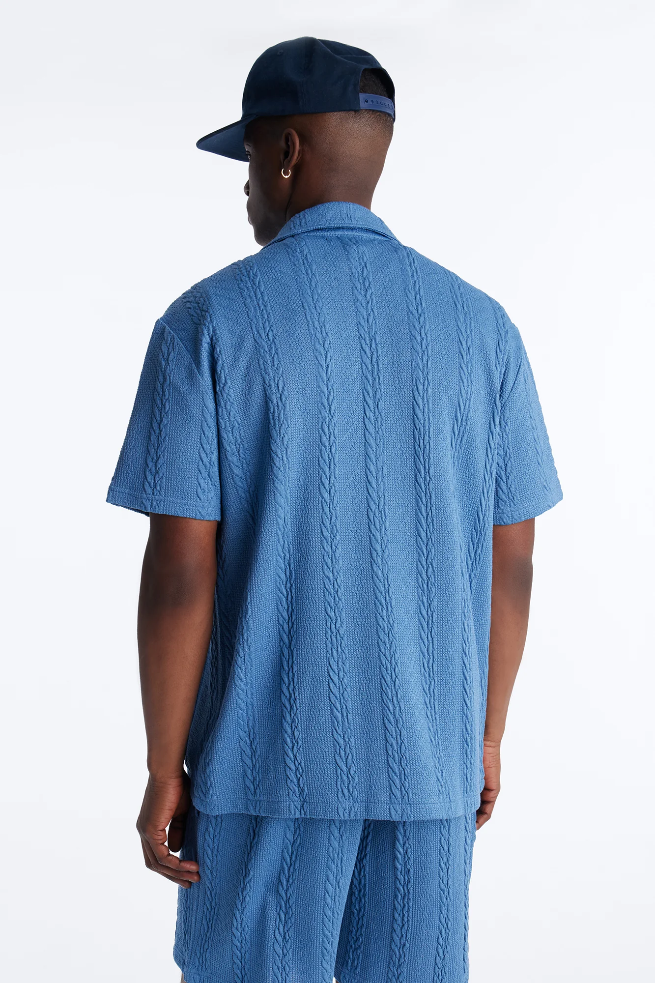 Textured Stripes Cuban Short Sleeve Button Up Shirt - Blue - Image 4