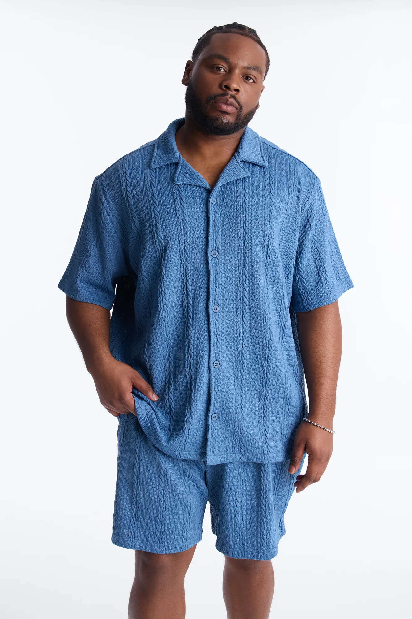 Textured Stripes Cuban Short Sleeve Button Up Shirt - Blue - Image 5