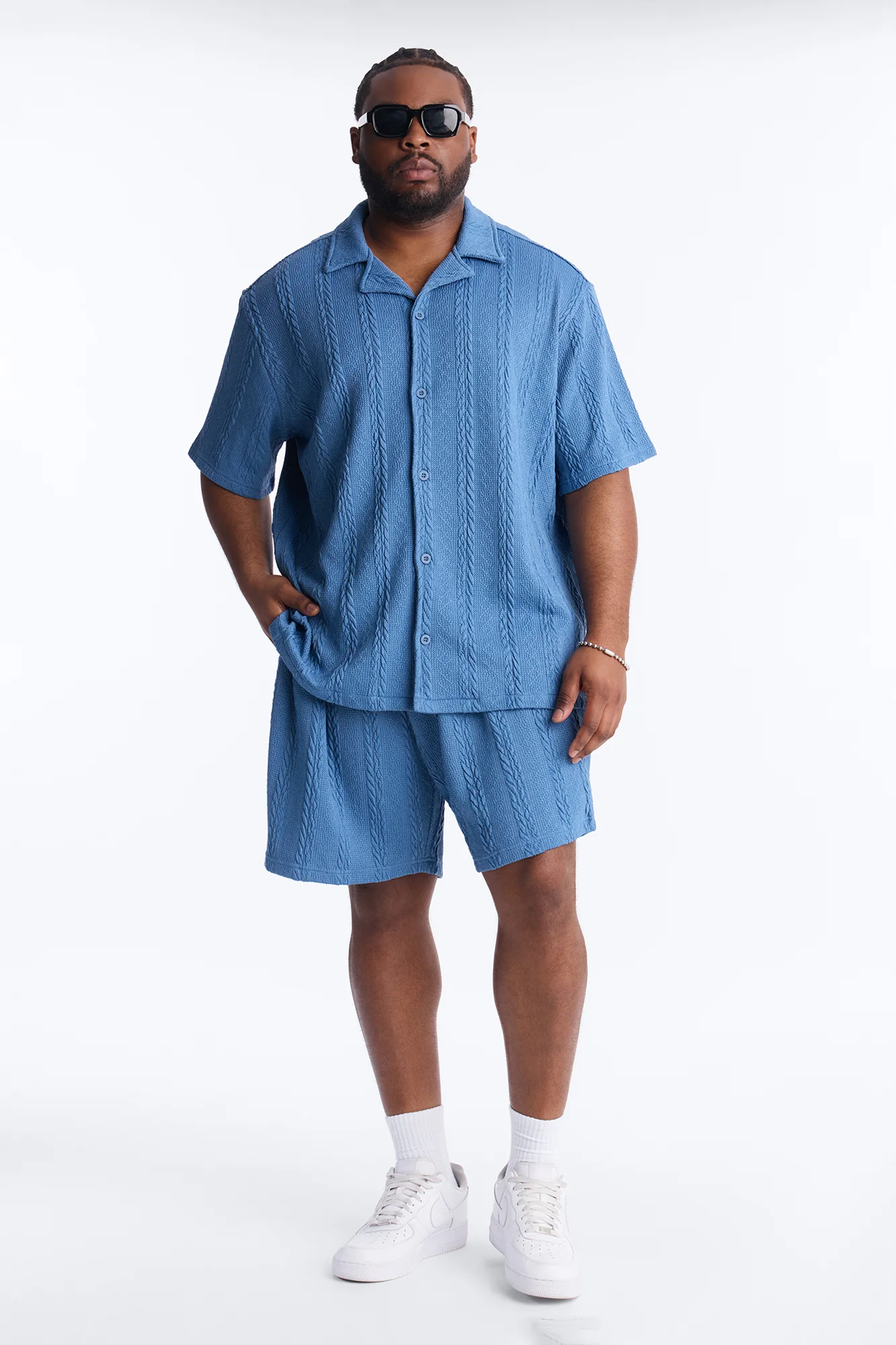 Textured Stripes Cuban Short Sleeve Button Up Shirt - Blue - Image 6