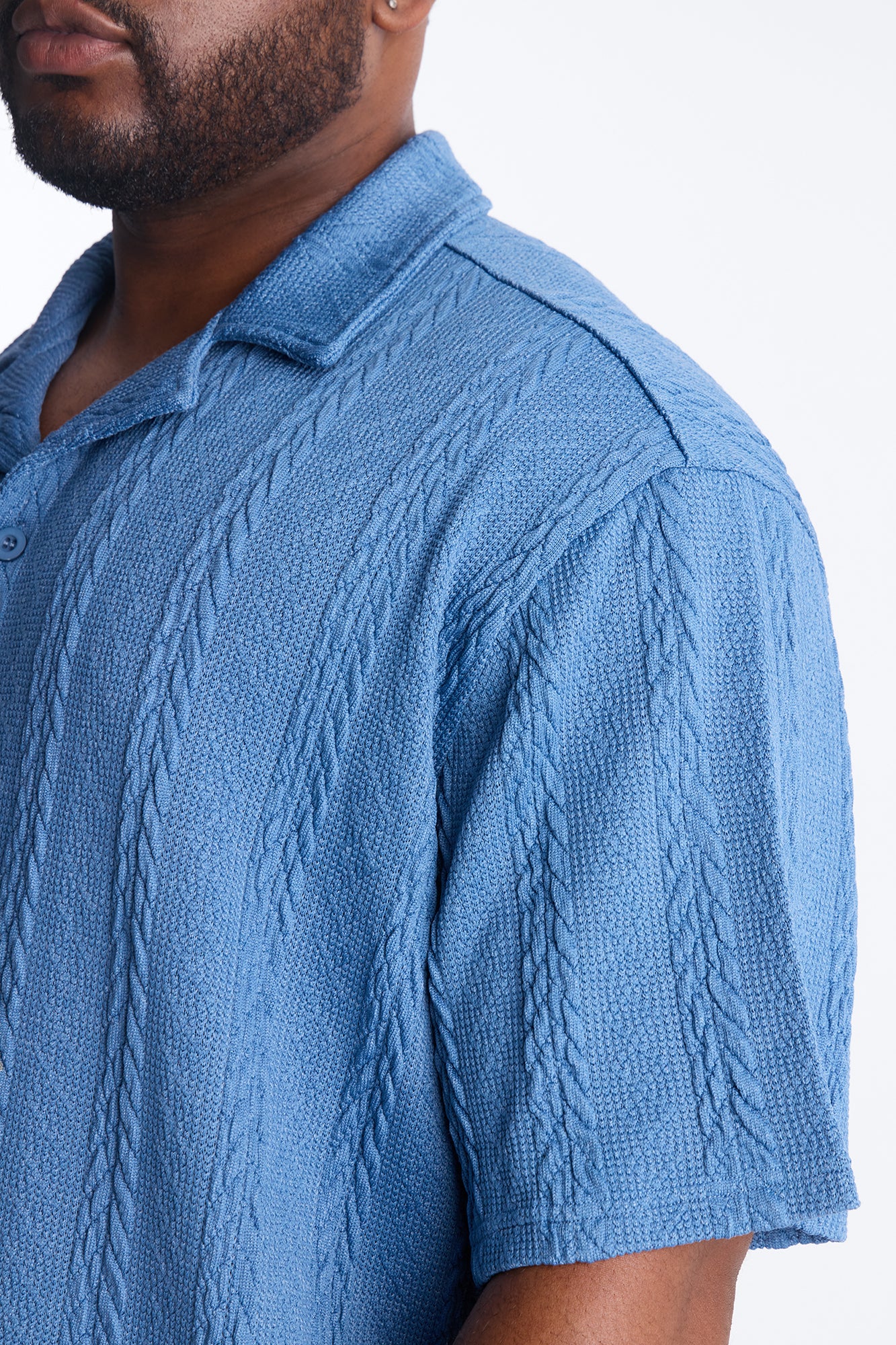 Textured Stripes Cuban Short Sleeve Button Up Shirt - Blue - Image 7