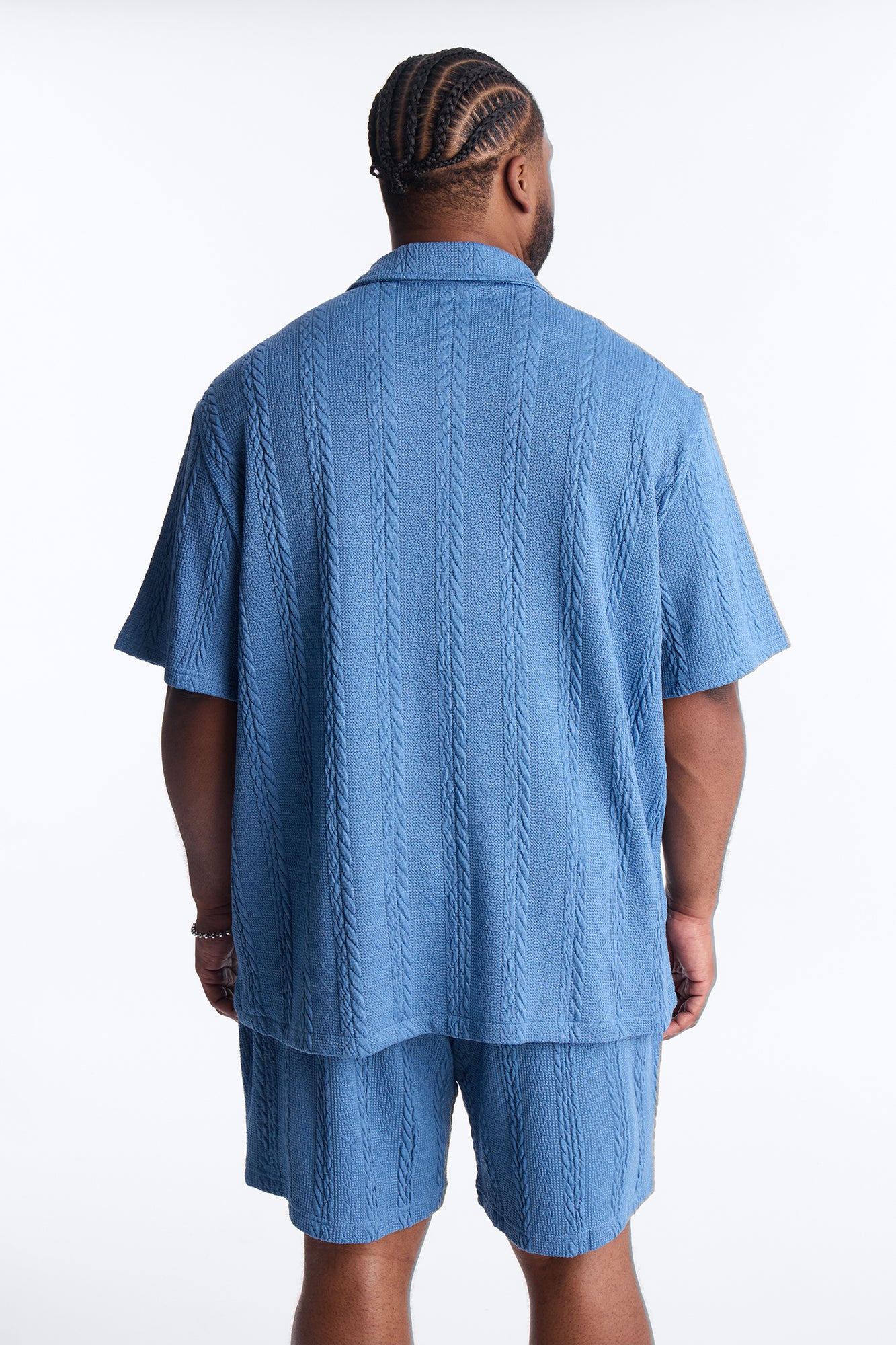 Textured Stripes Cuban Short Sleeve Button Up Shirt - Blue - Image 8