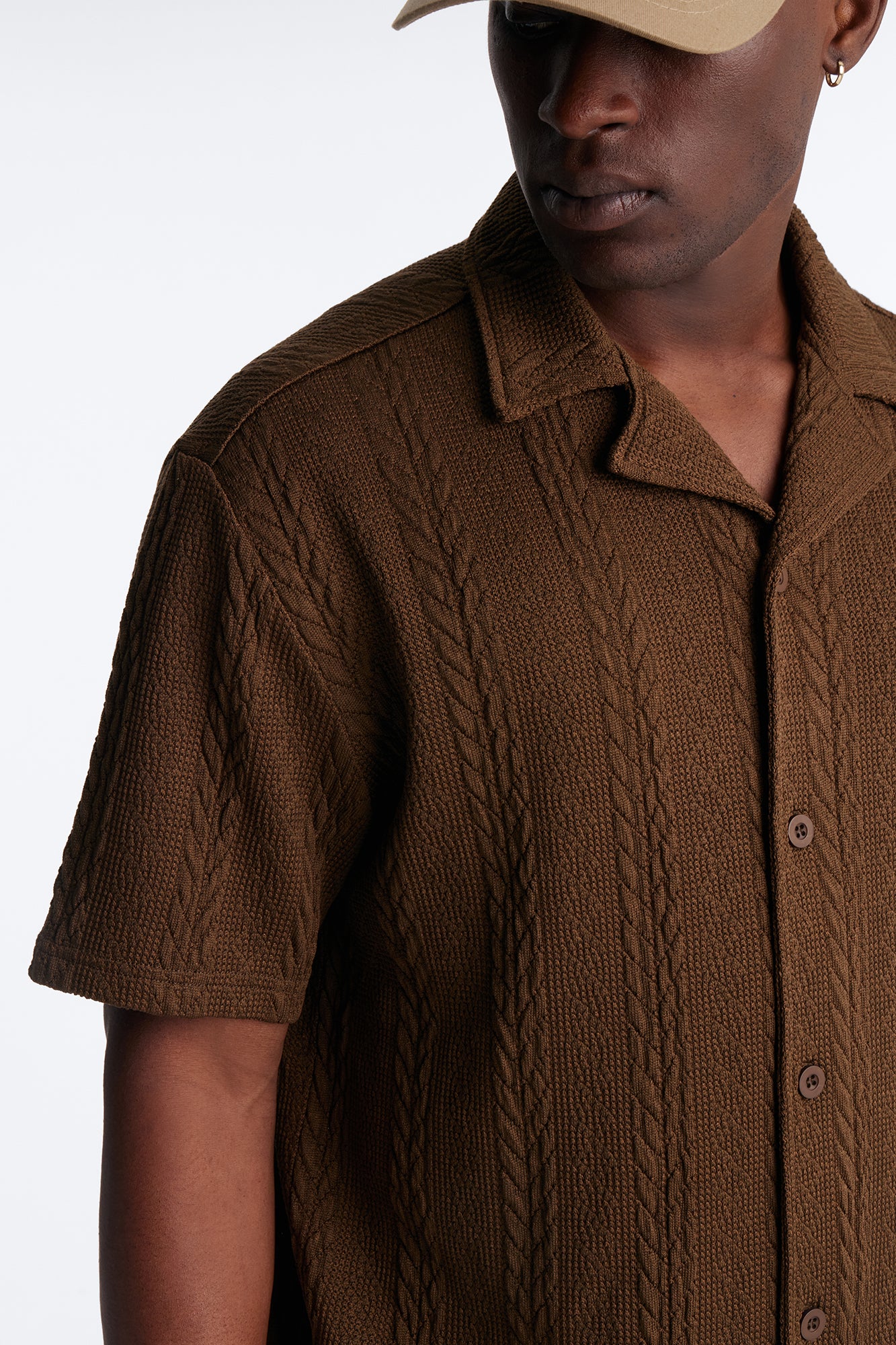 Textured Stripes Cuban Short Sleeve Button Up Shirt - Brown - Image 3