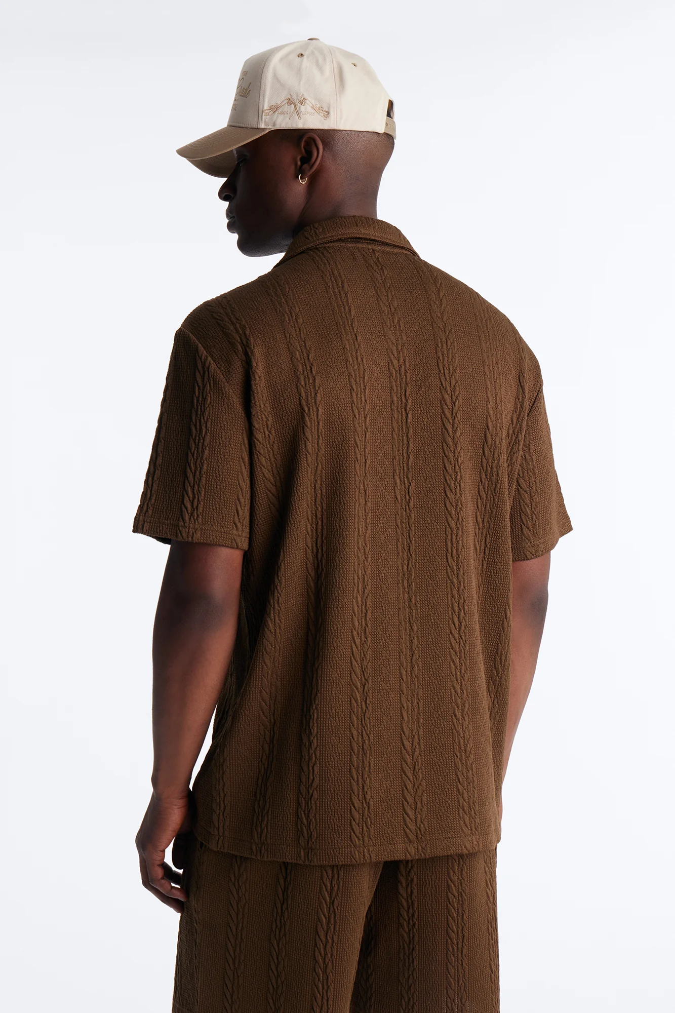 Textured Stripes Cuban Short Sleeve Button Up Shirt - Brown - Image 4