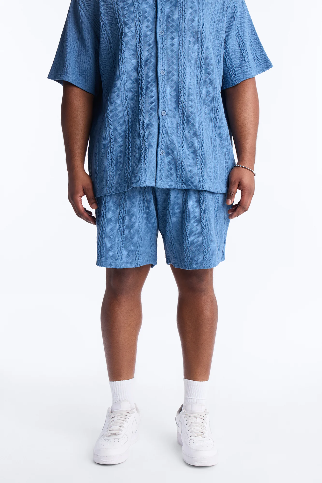 Textured Stripes Relaxed Drawstring Shorts - Blue - Image 5