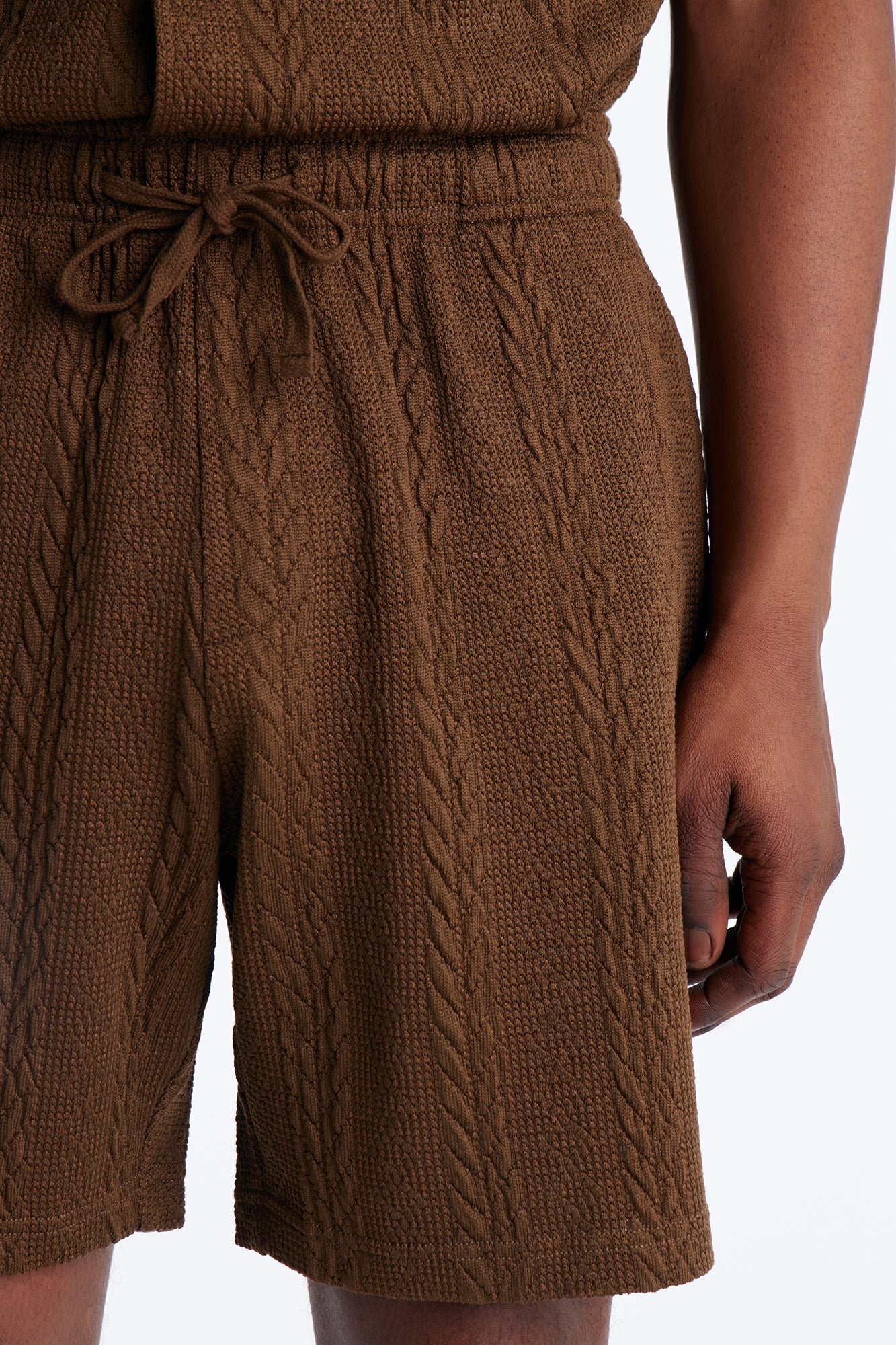 Textured Stripes Relaxed Drawstring Shorts - Brown - Image 3