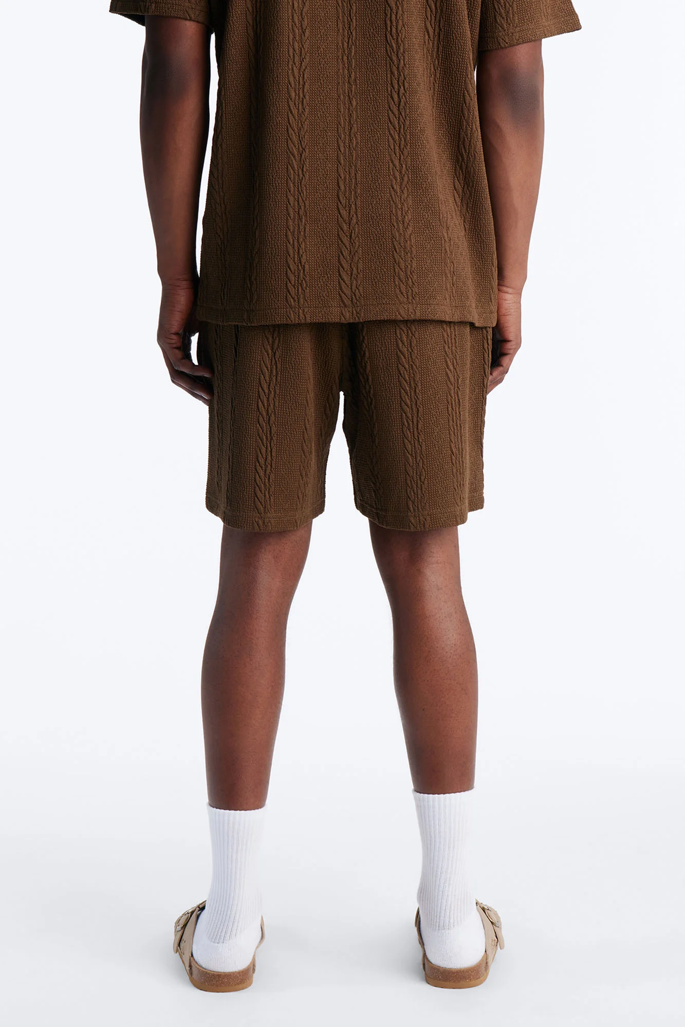 Textured Stripes Relaxed Drawstring Shorts - Brown - Image 4