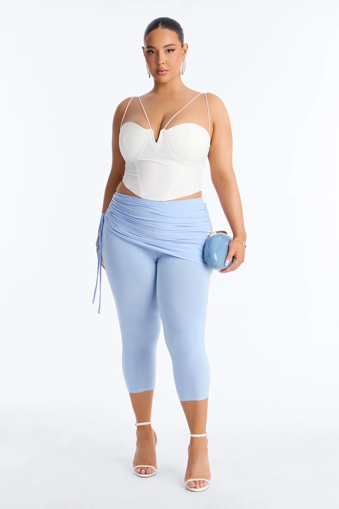 Teya Mid Rise Draped Ruched Capri Legging 19″ - Light Blue - Image 5