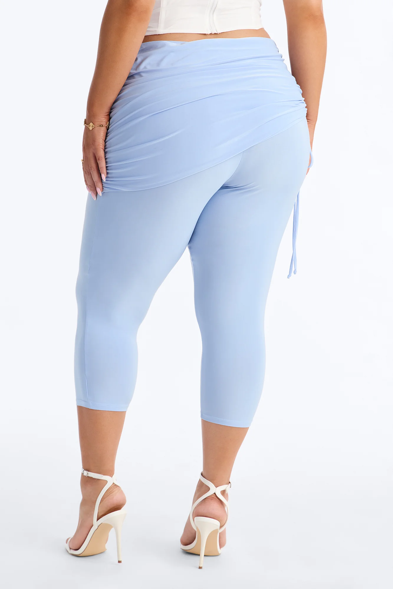 Teya Mid Rise Draped Ruched Capri Legging 19″ - Light Blue - Image 8