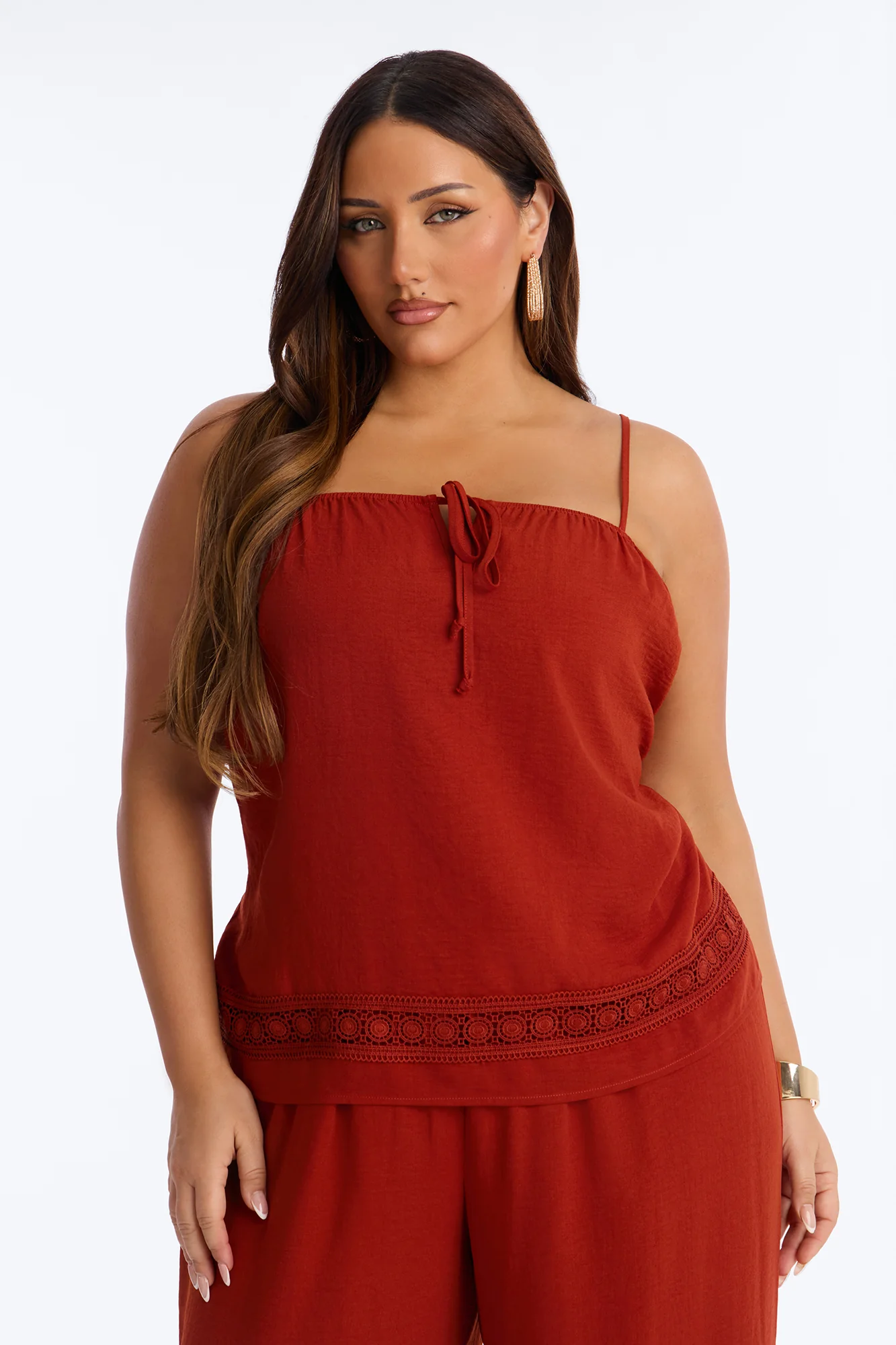 Thalia Linen Lace Trim Pant Set - Rust - Image 5