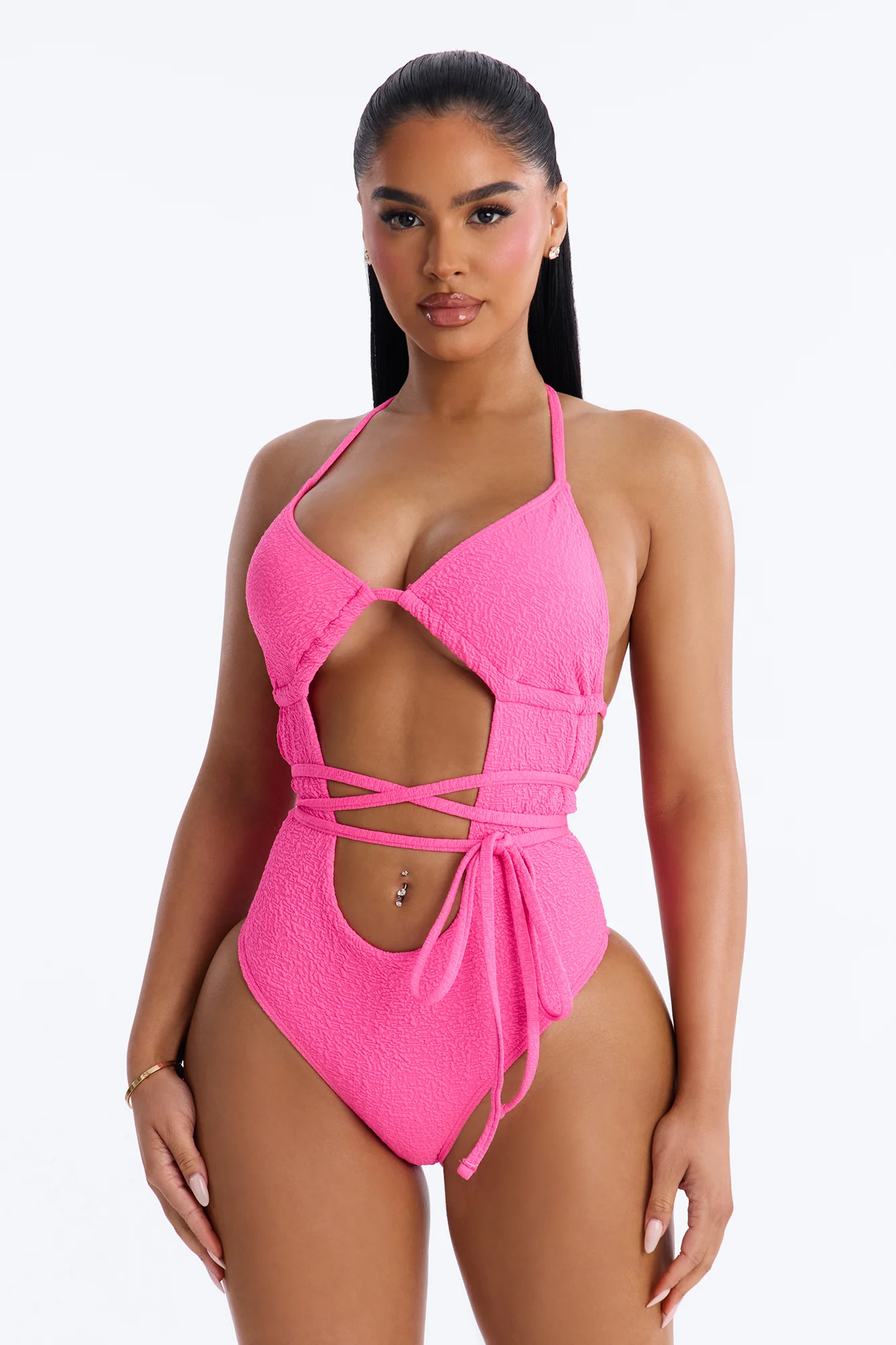 Thalia Textured Triangle 1 Piece Tie Up Swimsuit - Fuchsia