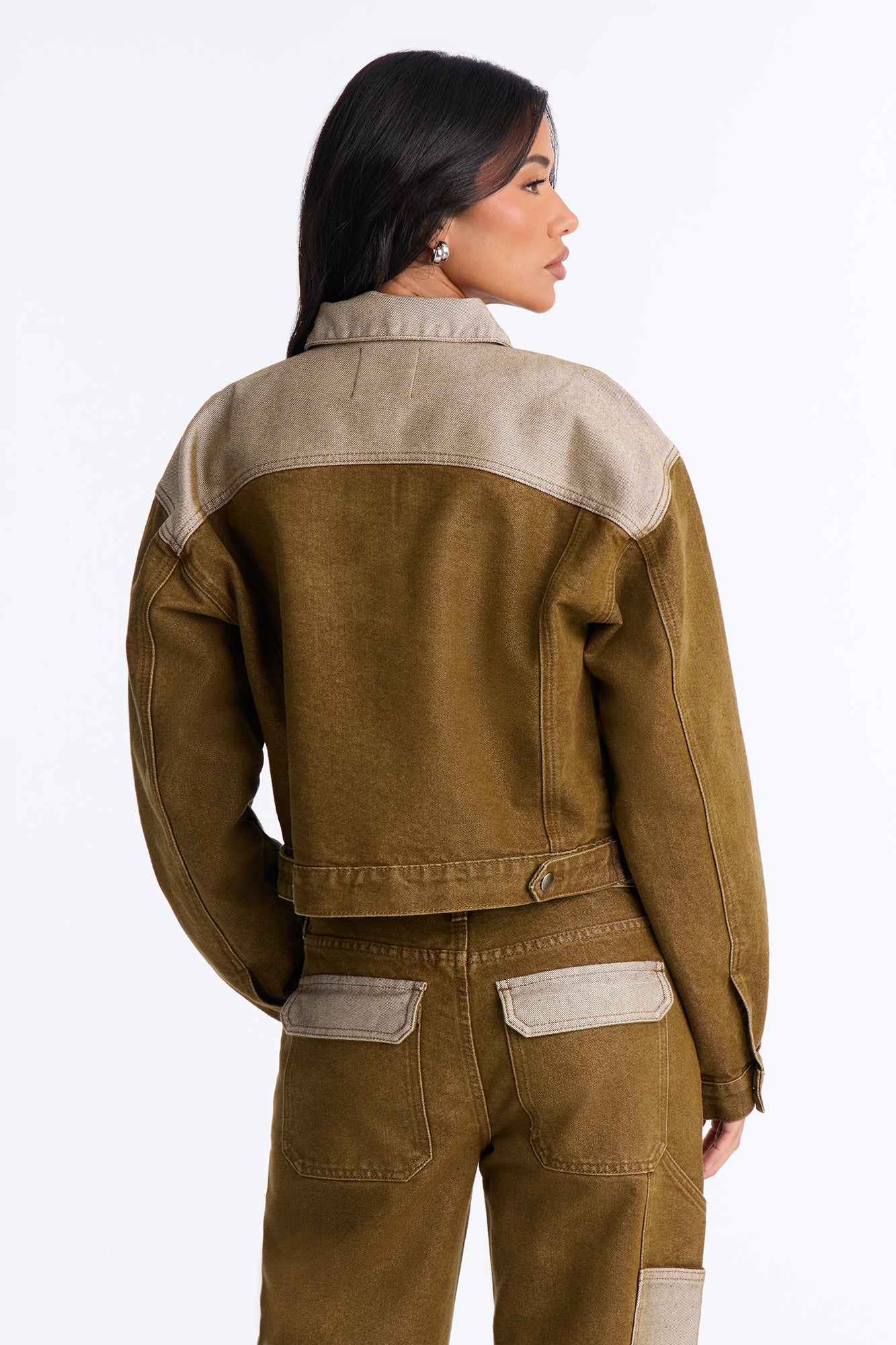 The Cold Shoulder Shiny Denim Jacket - Brown - Image 4
