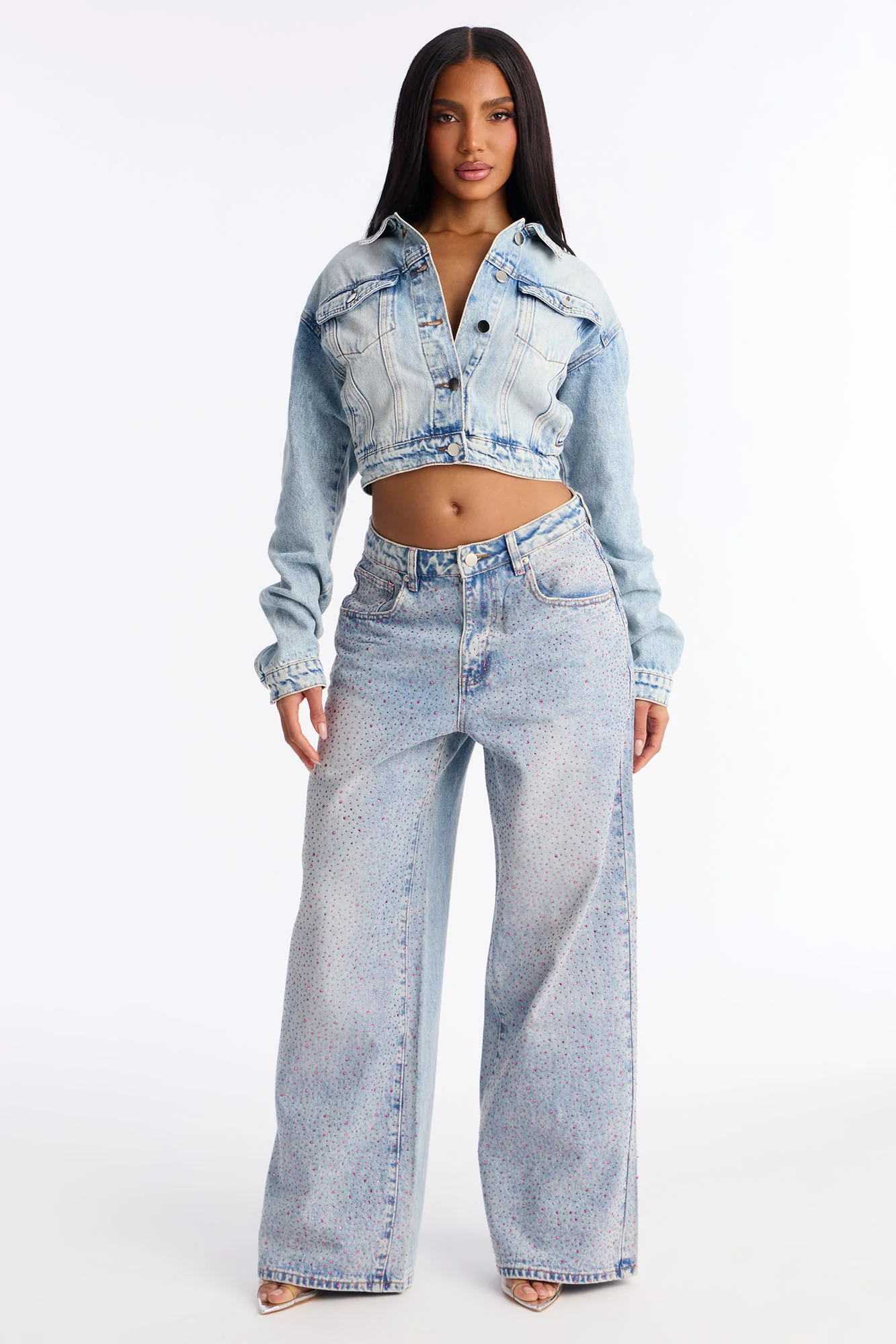 The Heart Wants Rhinestone Denim Trucker Jacket - Light Wash - Image 3