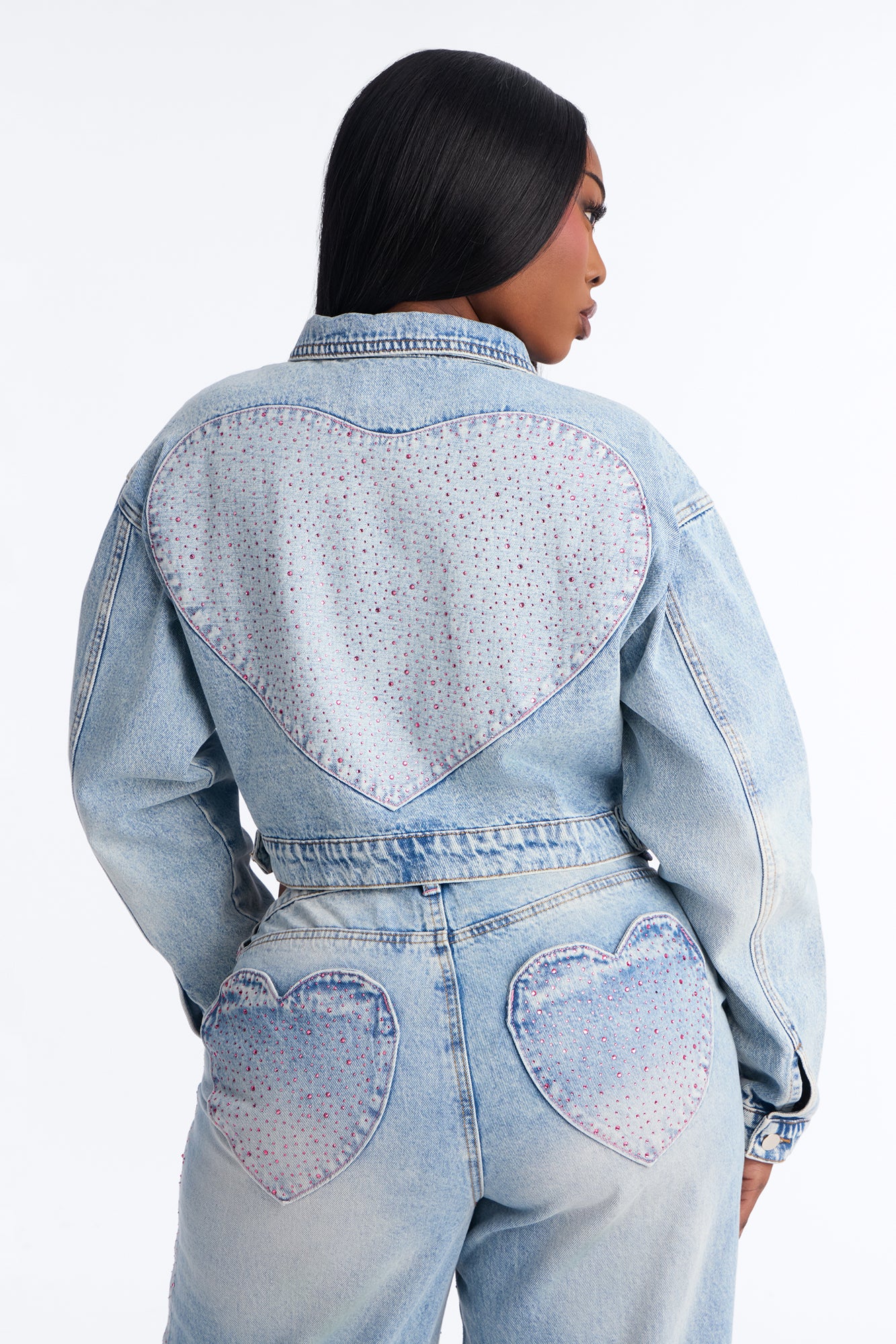 The Heart Wants Rhinestone Denim Trucker Jacket - Light Wash - Image 5