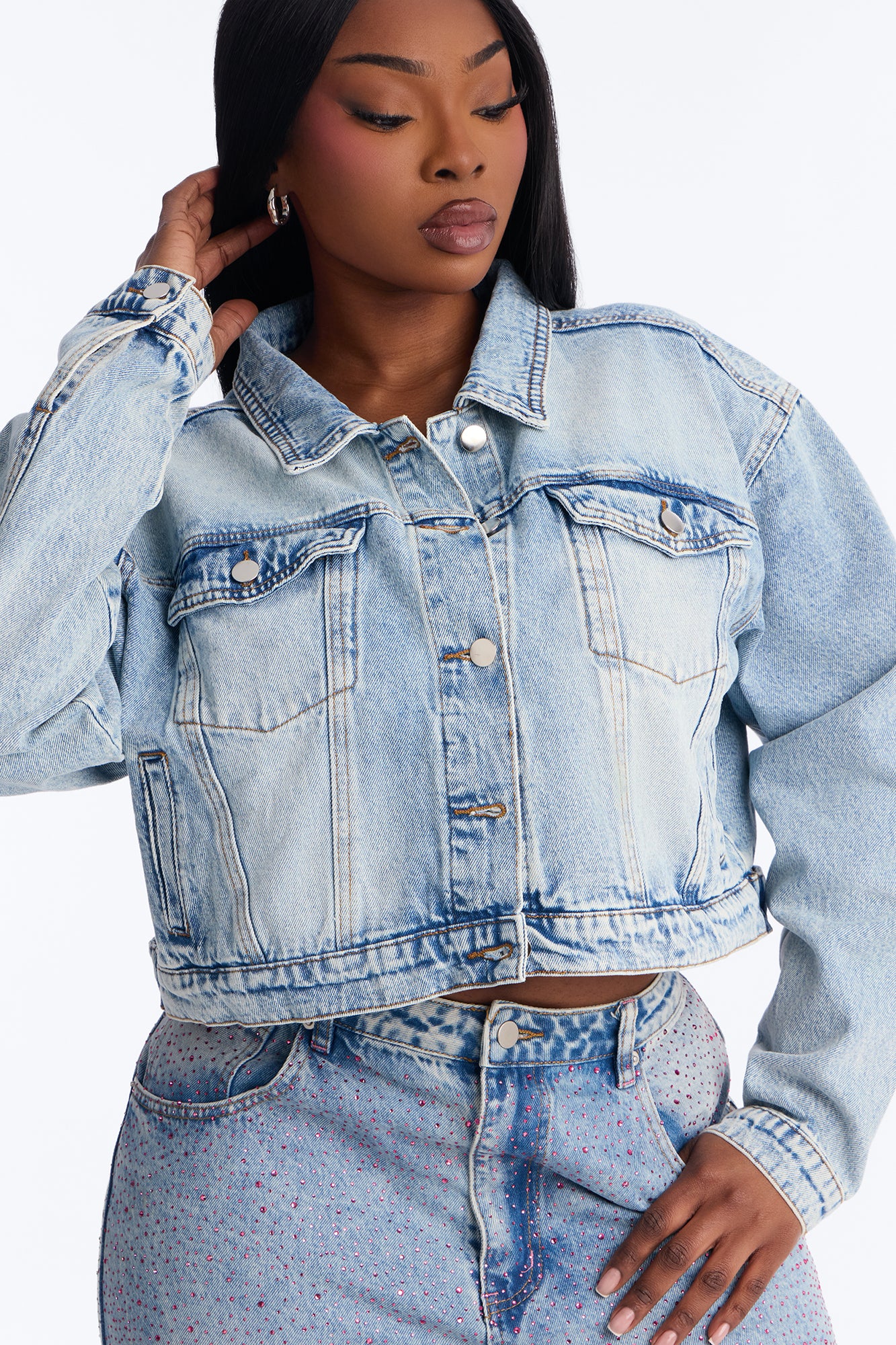 The Heart Wants Rhinestone Denim Trucker Jacket - Light Wash - Image 7