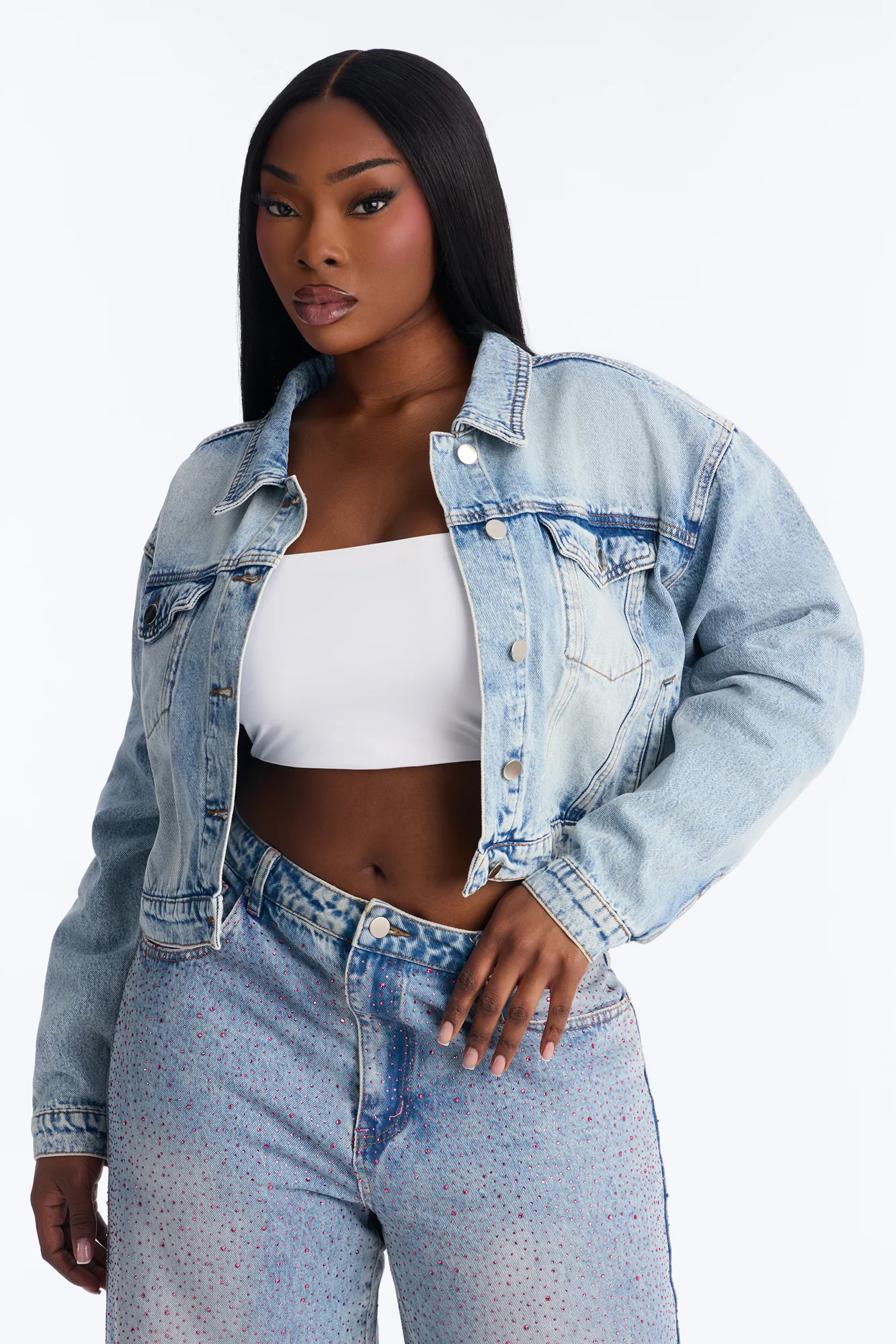 The Heart Wants Rhinestone Denim Trucker Jacket - Light Wash - Image 8