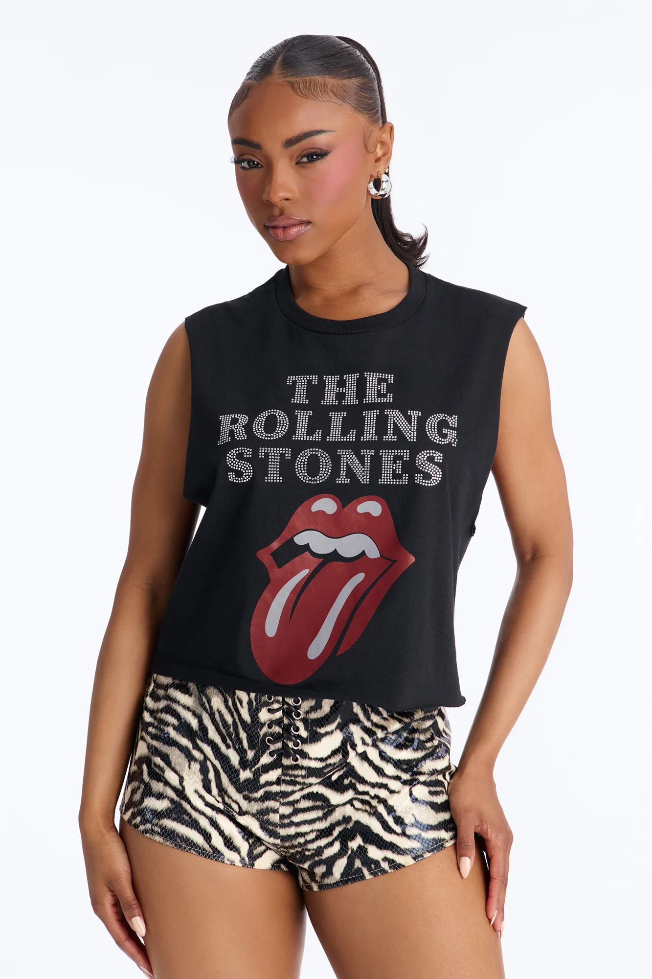 The Rolling Stones Cropped Muscle Tee With Rhinestones - Black