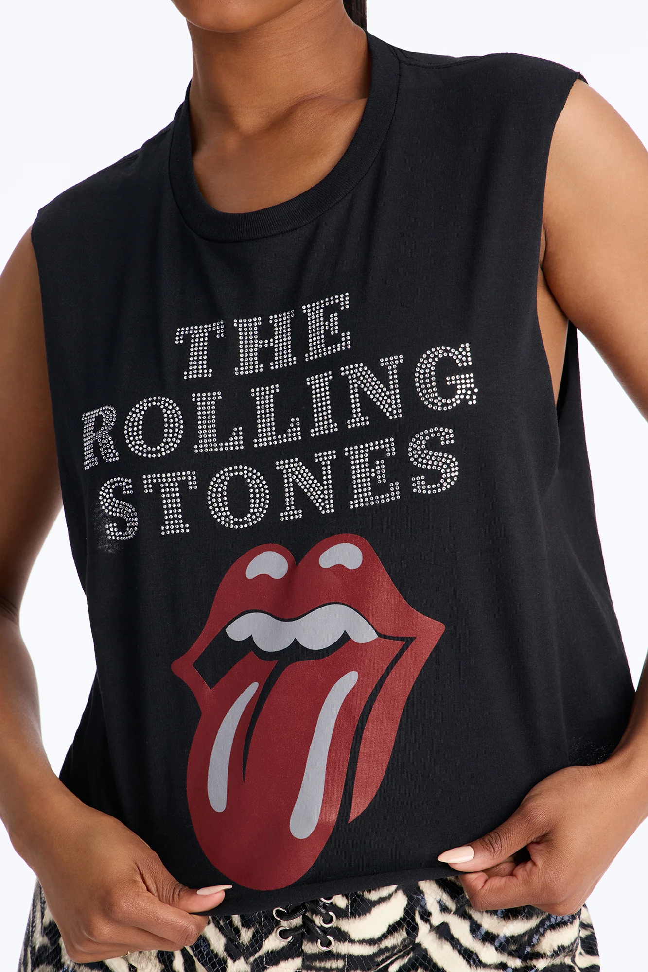 The Rolling Stones Cropped Muscle Tee With Rhinestones - Black - Image 3