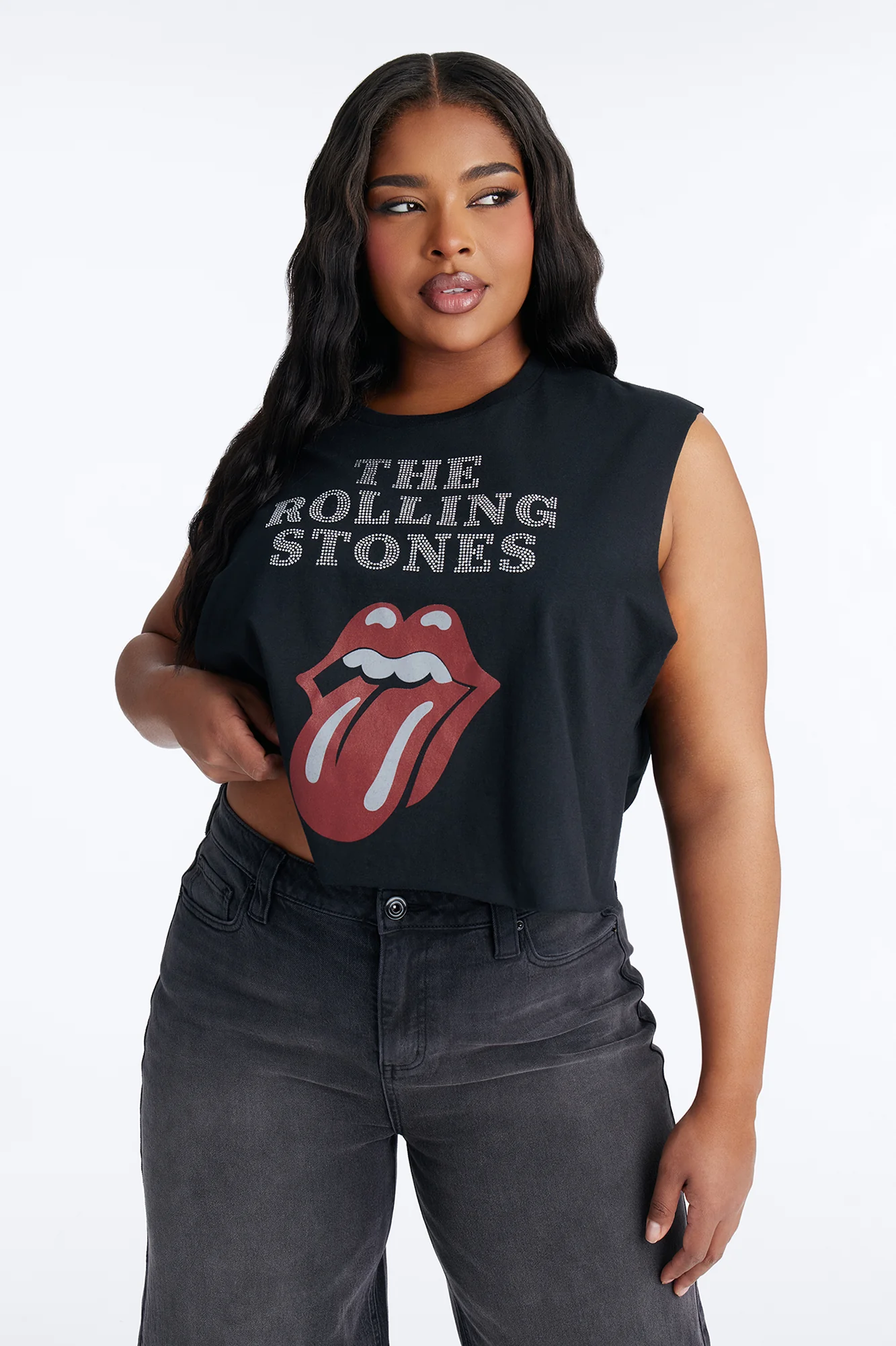 The Rolling Stones Cropped Muscle Tee With Rhinestones - Black - Image 5