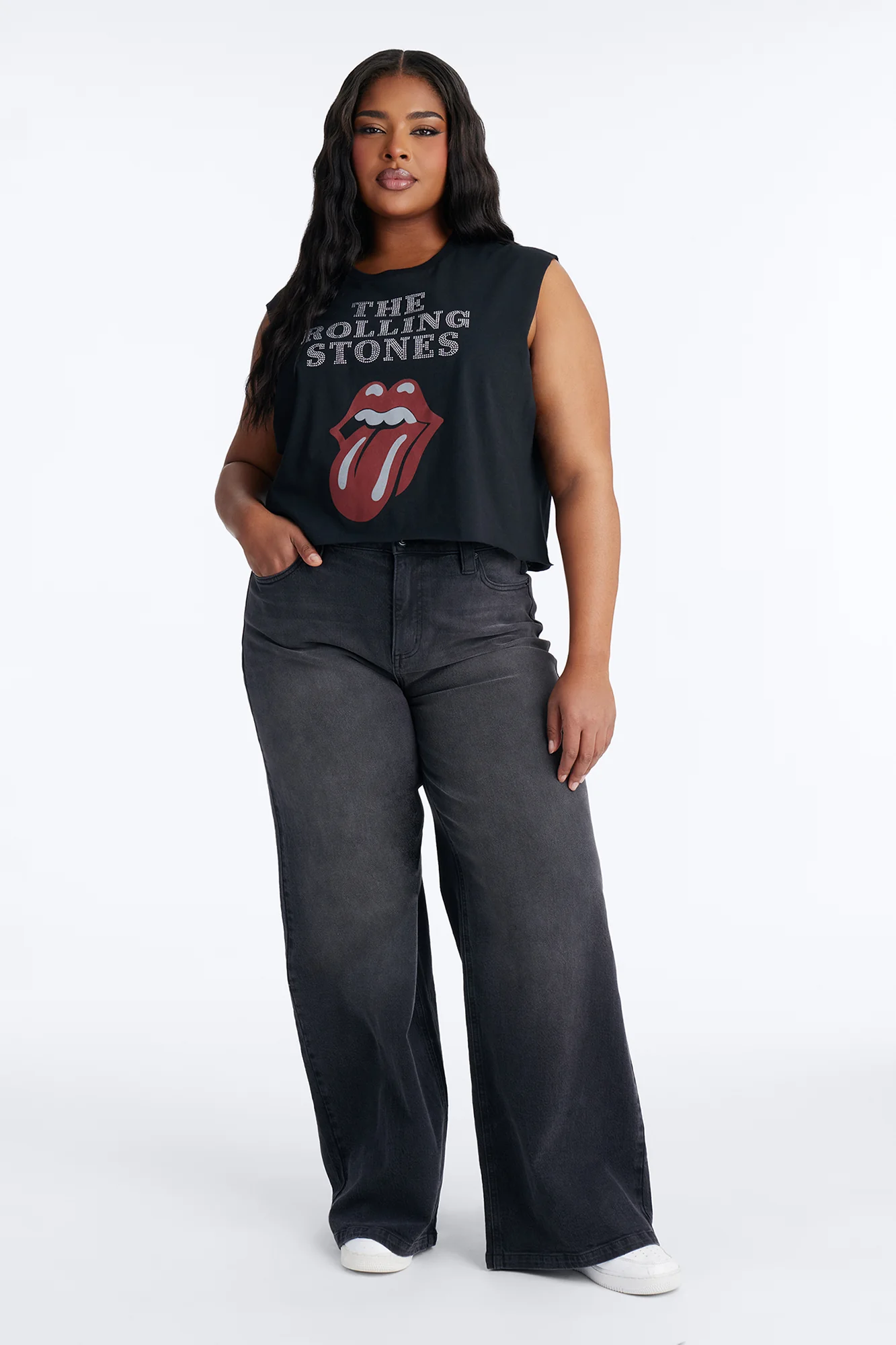 The Rolling Stones Cropped Muscle Tee With Rhinestones - Black - Image 6